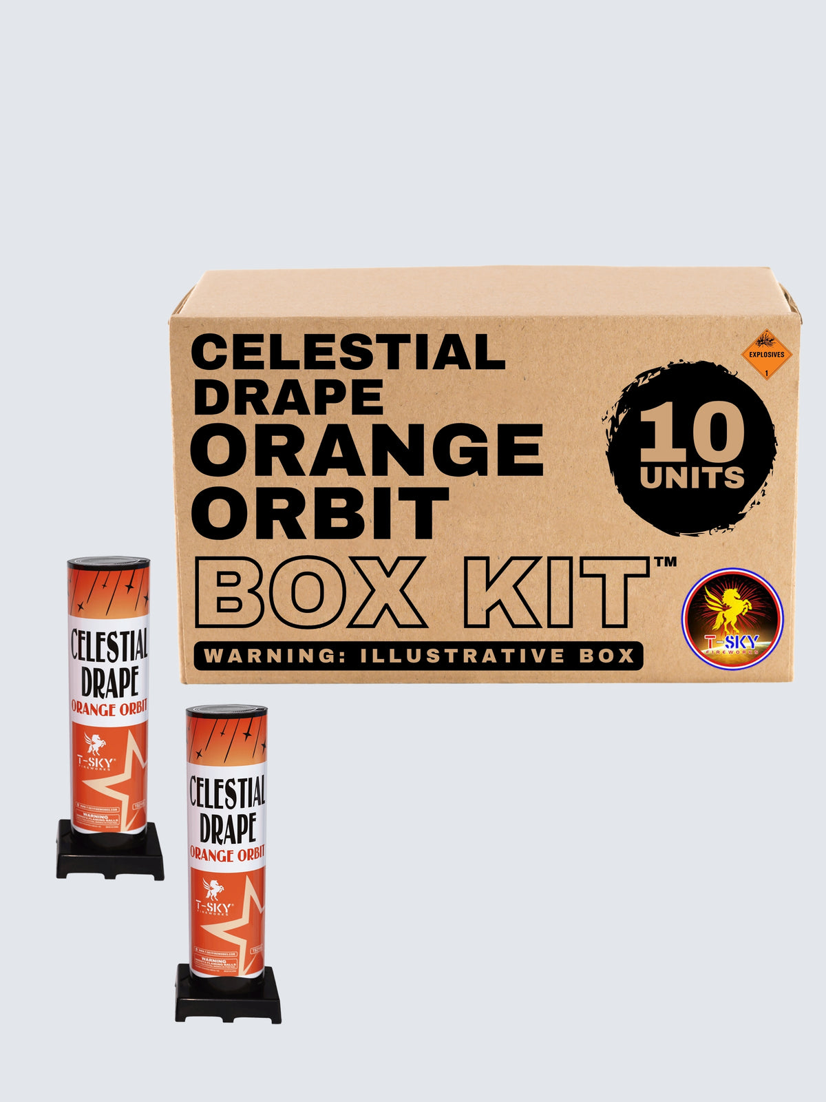 Box kit of Celestial Drape Orange Orbit firework cakes. Includes 10 units.