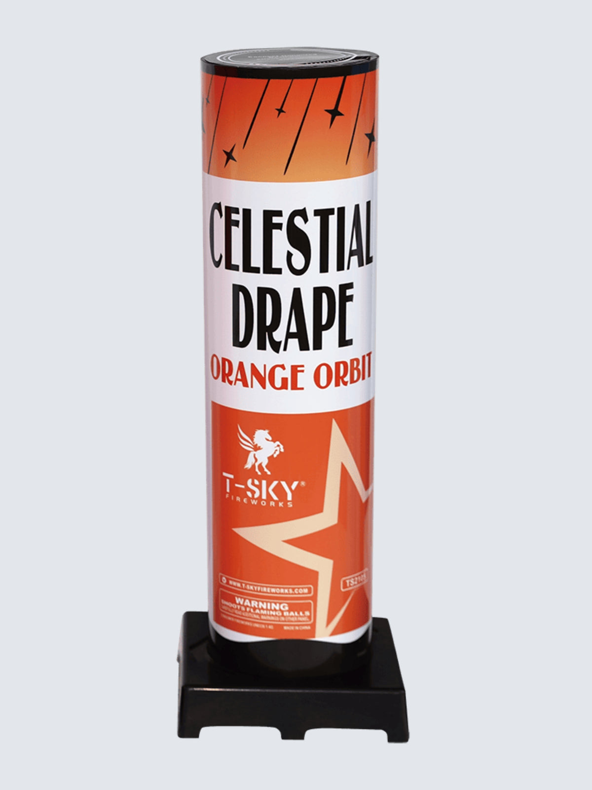 Unit of Celestial Drape Orange Orbit firework cake. Packaging shows a star pattern and orange background.