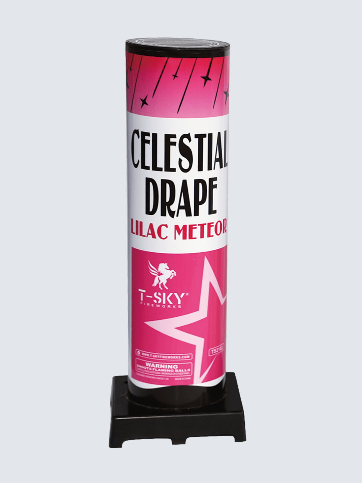 Unit of Celestial Drape Pink Meteor firework cake. Packaging is tube shaped with pink stars.