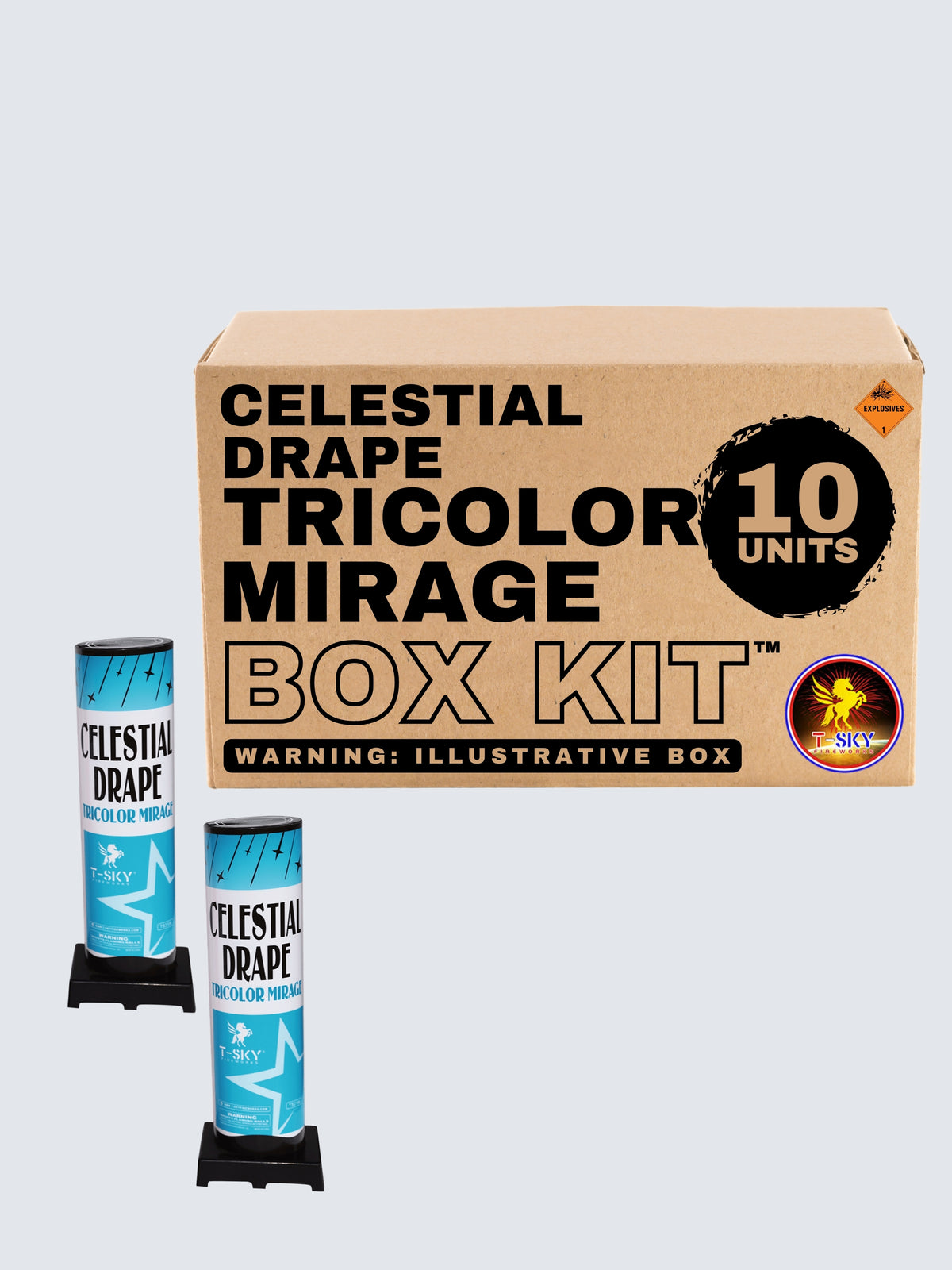Box kit of Celestial Drape Tricolor Mirage firework cake. Includes 10 units. 
