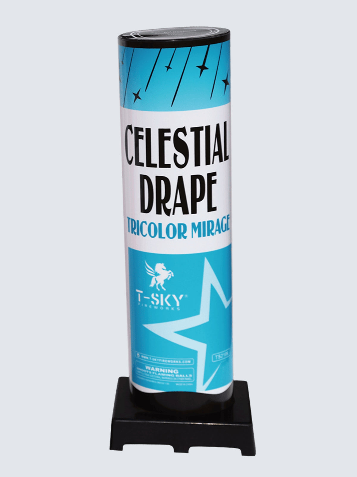 Unit of Celestial Drape Tricolor Mirage firework cake. Tube packaging includes a star on the side.