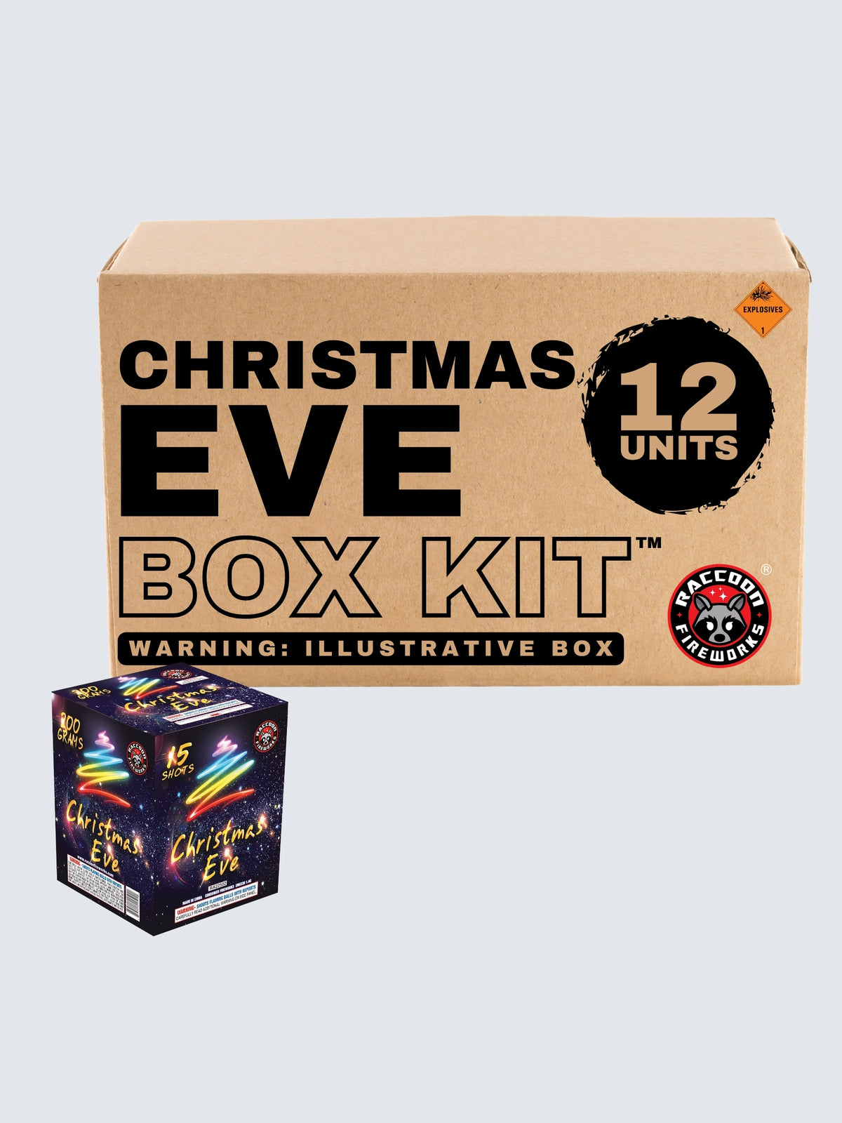 Christmas Eve fireworks box kit by Raccoon Fireworks, featuring 12 units of 15-shot aerial cakes with rainbow Christmas tree artwork.