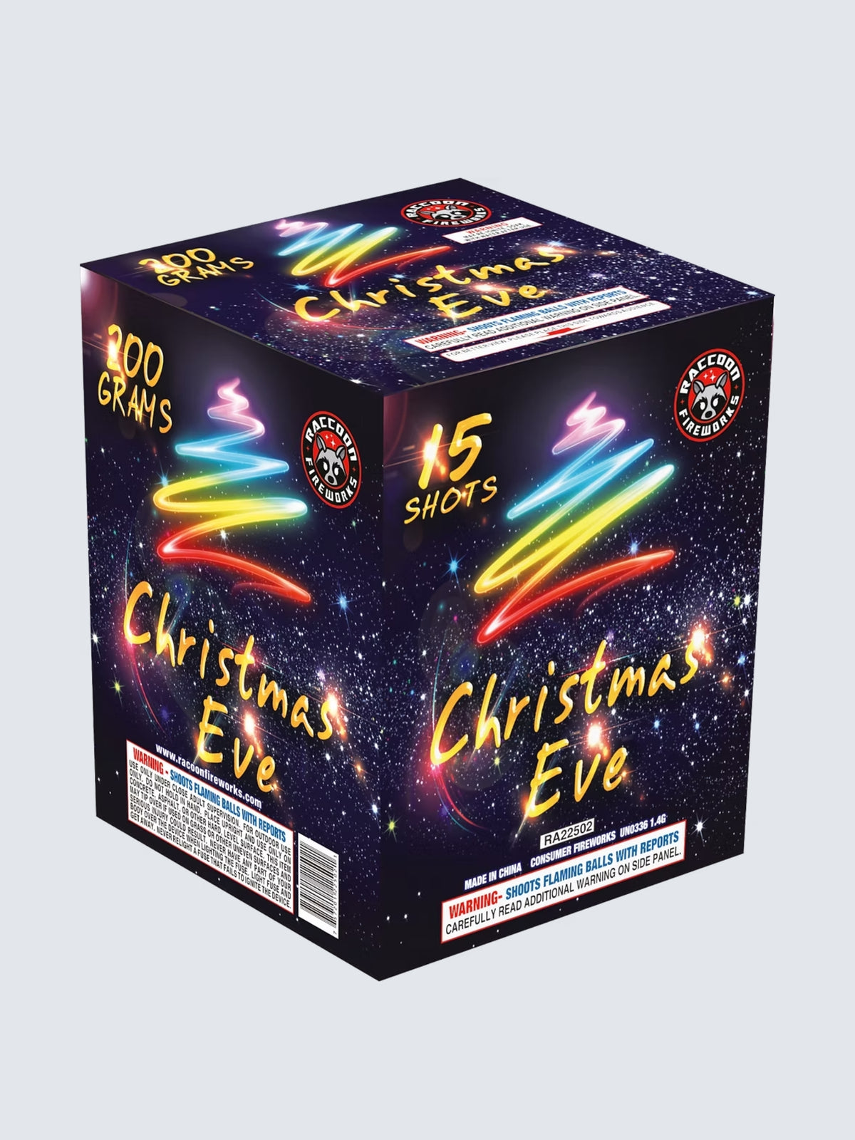 Christmas Eve 15-shot, 200-gram aerial fireworks cake by Raccoon Fireworks, featuring a glowing rainbow Christmas tree on a starry night background.