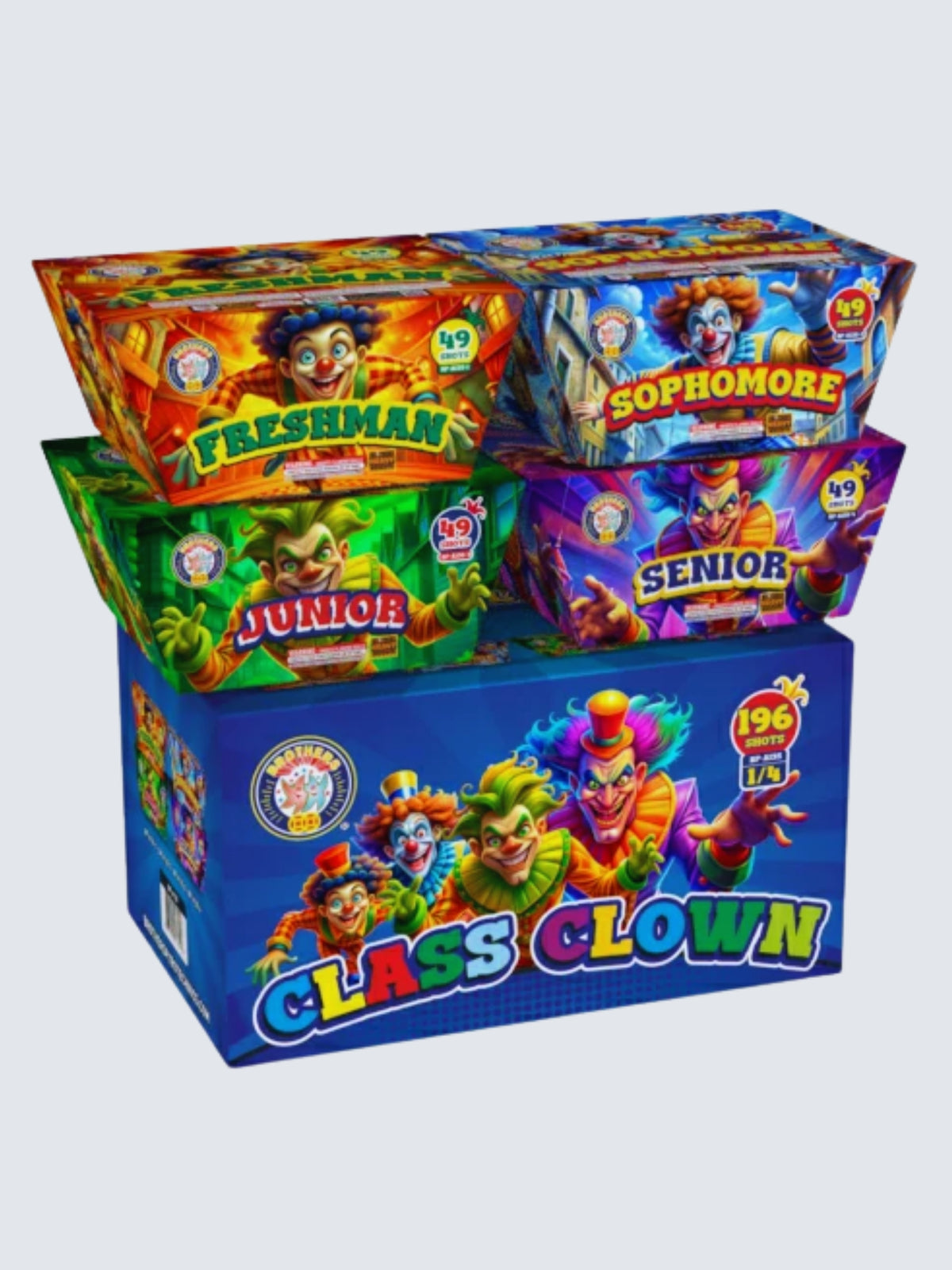 Class Clown 196-shot aerial repeater box kit by Brothers Fireworks, featuring four 49-shot cakes with colorful clown artwork.