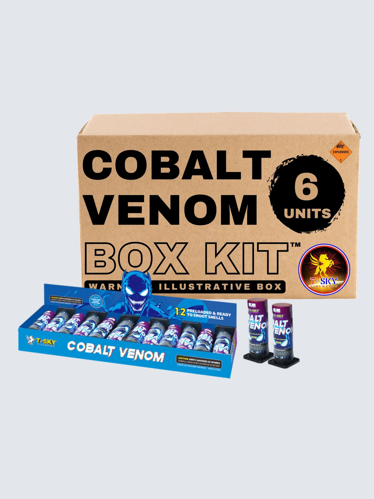A box kit of Cobalt Venom shells. Includes 6 units of mortar shell fireworks. 