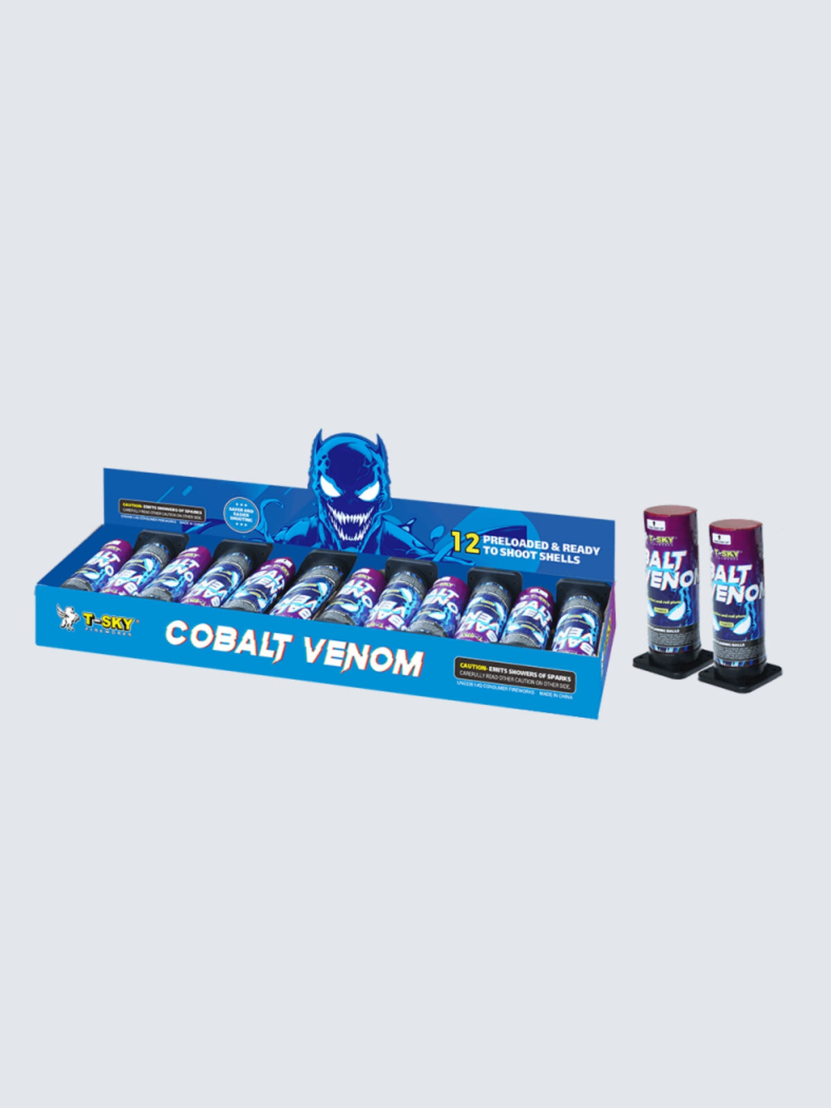 Cobalt Venom unit, including 12 shell fireworks. Featuring art of a scary blue halloween mask face.
