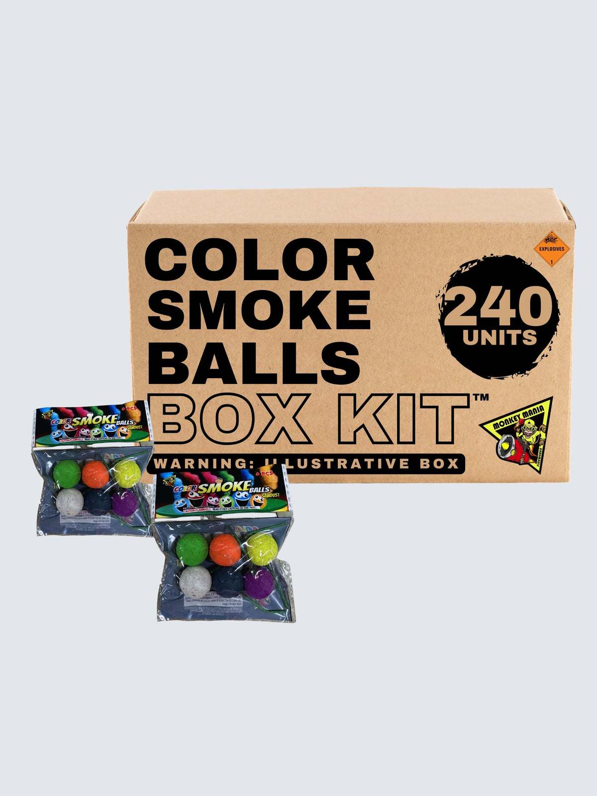 Color Smoke Balls 240-unit box kit by Monkey Mania, featuring assorted multicolor smoke balls in 6-piece packs.