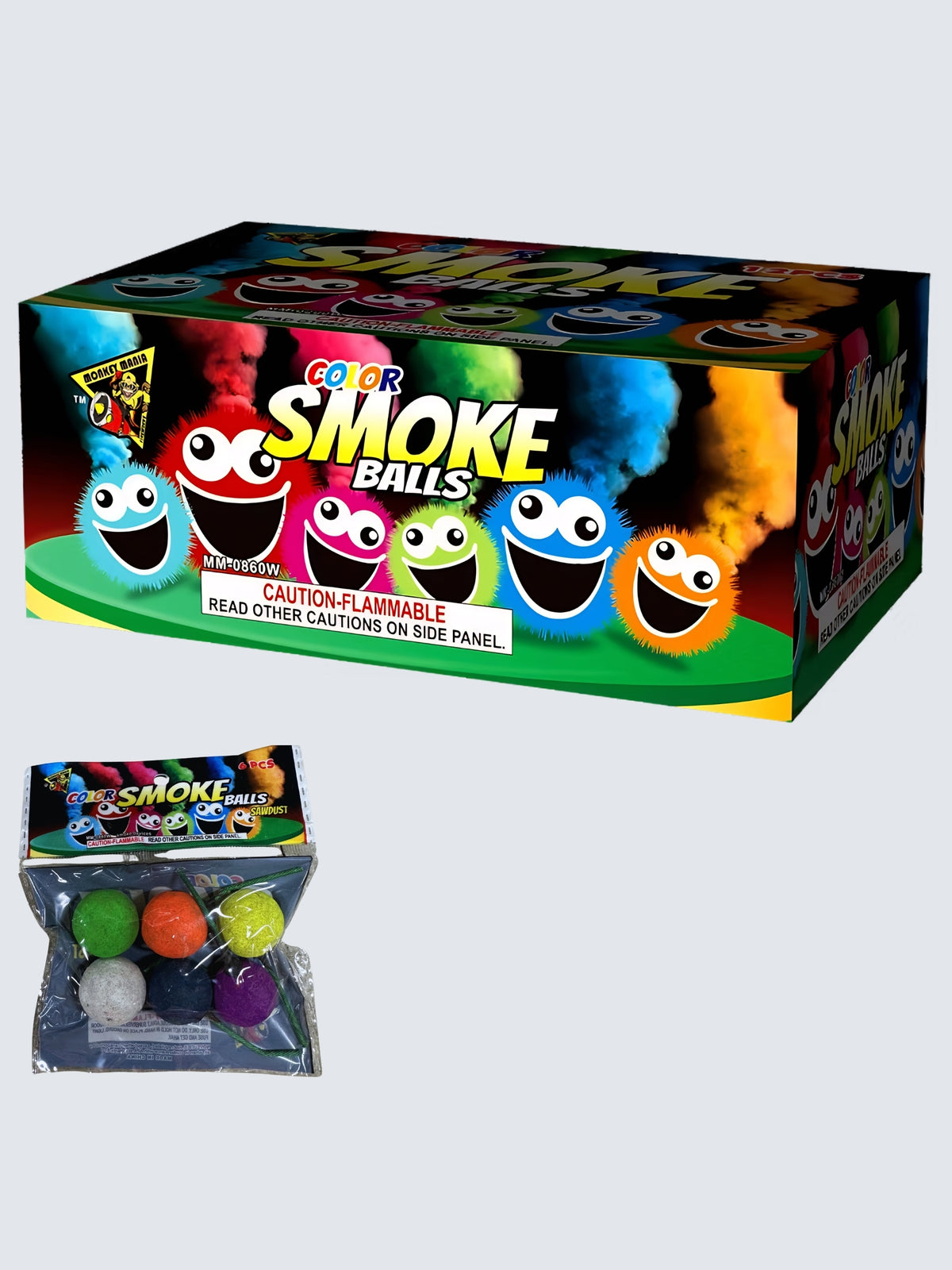 Color Smoke Balls box kit featuring assorted multicolor smoke balls in 6-piece packs with vibrant cartoon packaging.