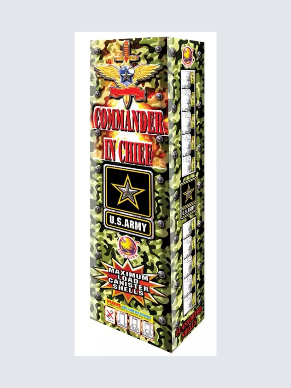 Commander in Chief canister shell kit by Firehawk Fireworks with camouflage packaging, a winged sword emblem, and U.S. Army stars.