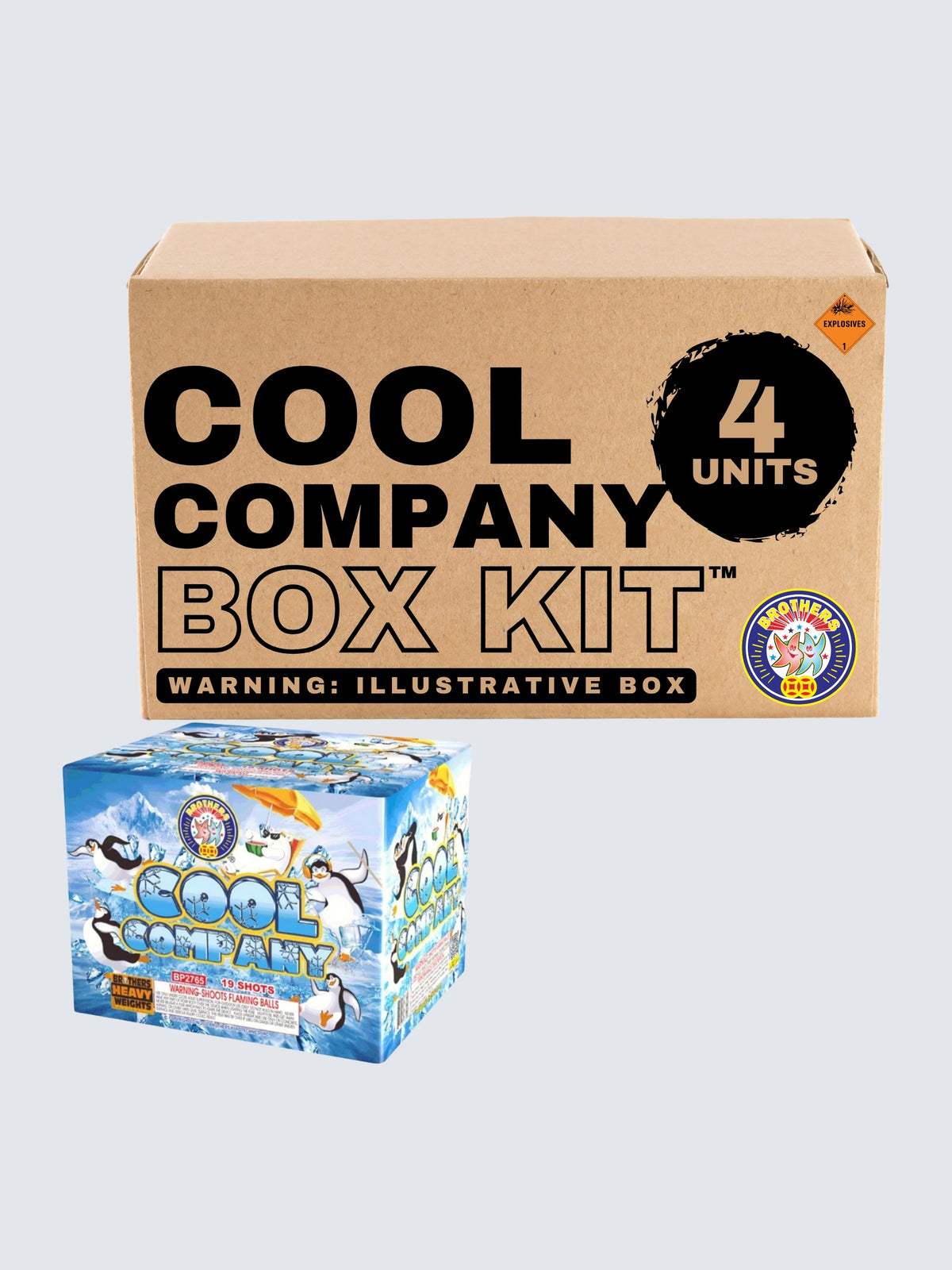 Cool Company 19-shot aerial repeater box kit by Brothers Fireworks, featuring 4 units with icy blue packaging and playful penguins.
