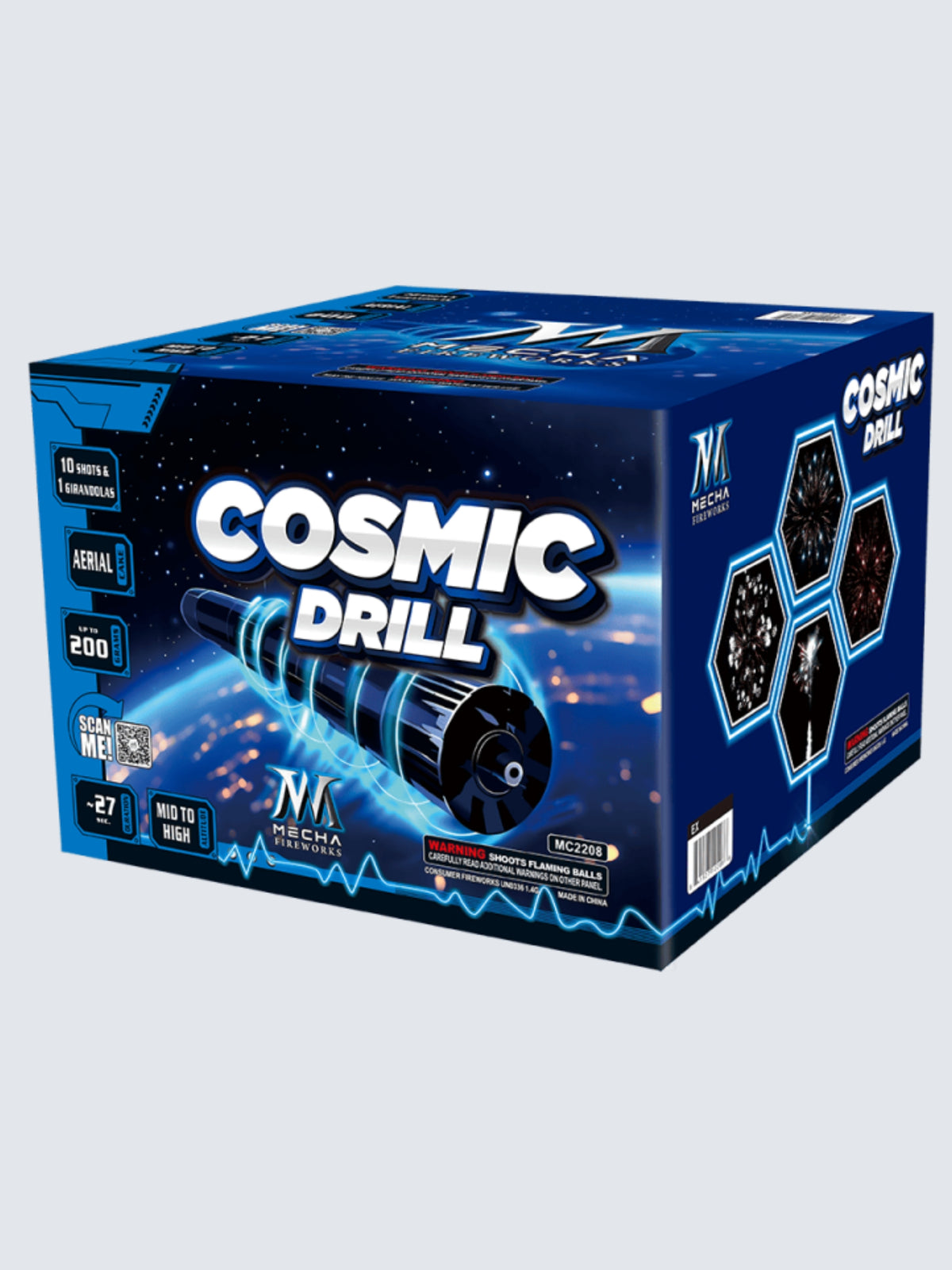 Unit of Cosmic Drill 10 shot aerial repeater girandola. Packaging shows a space drill with a view of earth.