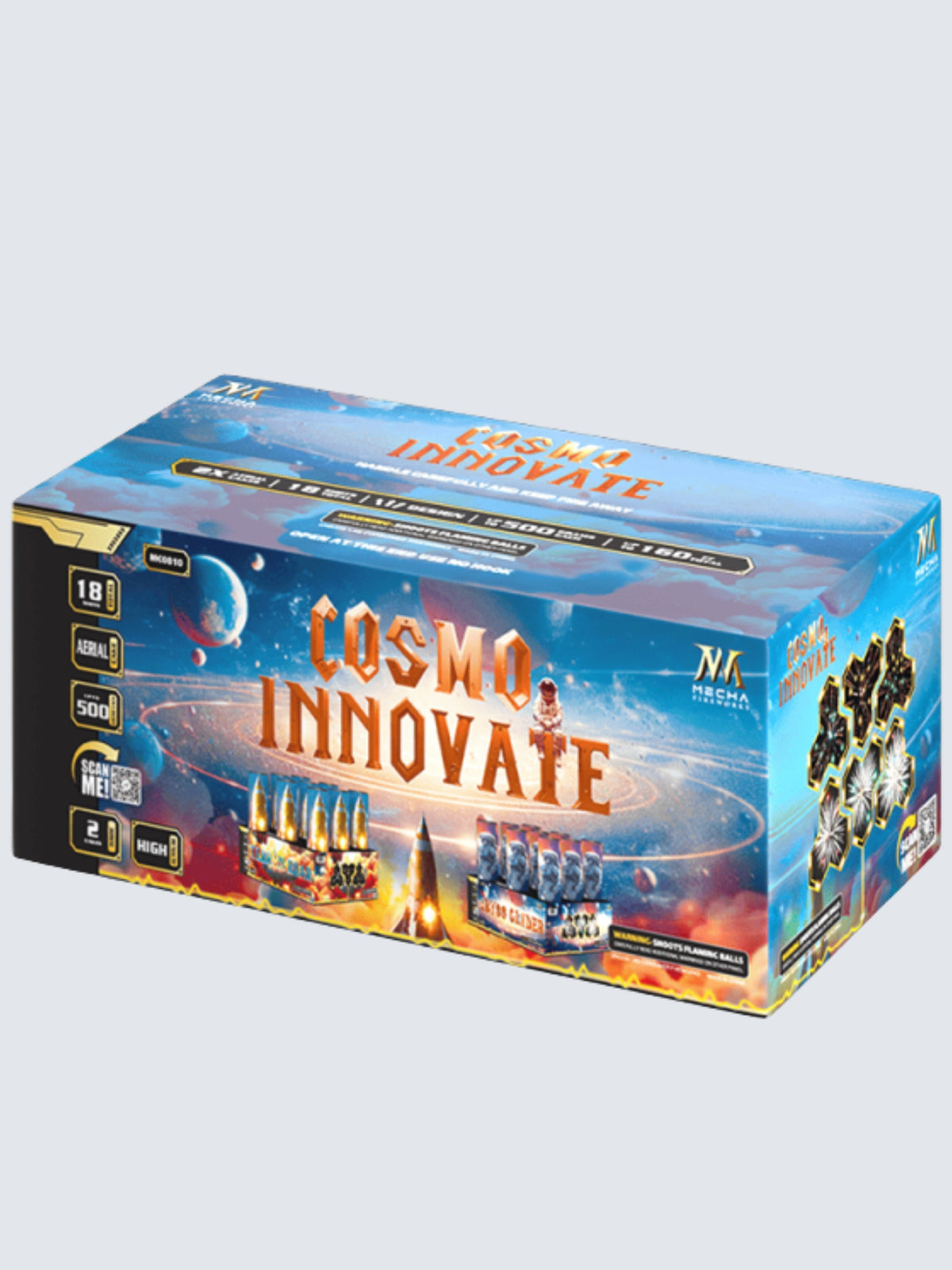 Box kit of Cosmo Innovate aerial repeater fireworks. Features variations of NOAB cakes. Packaging shows a cosmic spacey solar system.