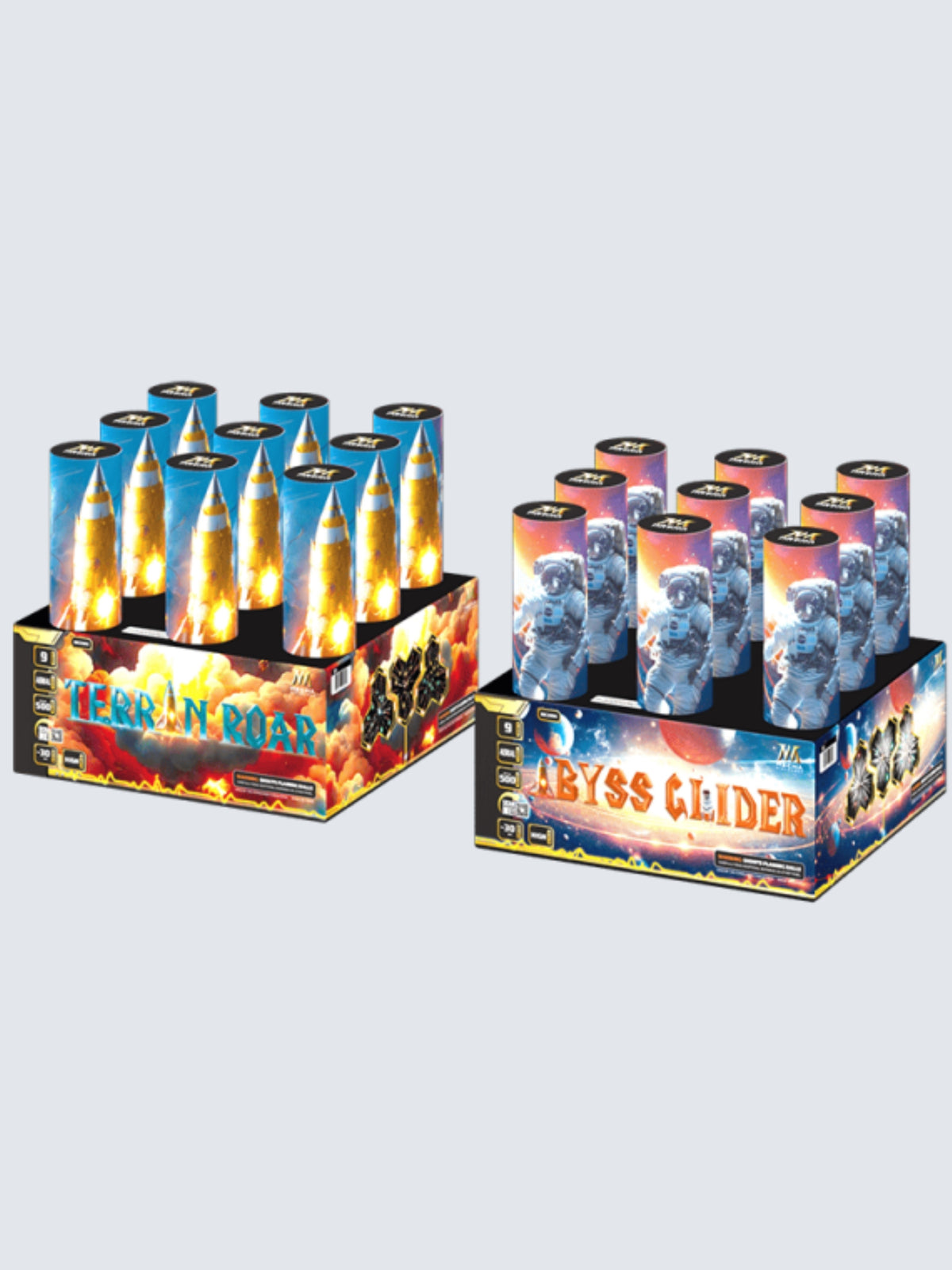 Variants of units of Cosmo Innovate, including Terron Roar, and Abyss Glider NOAB cake fireworks. Packaging shows rocket ships and space suits.