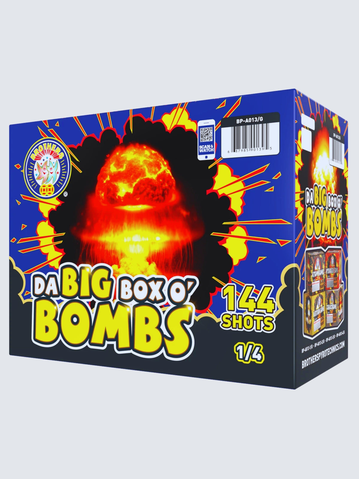 Da Big Box O’ Bombs 144-shot fireworks box kit by Brothers Fireworks, featuring a fiery mushroom cloud on blue packaging.