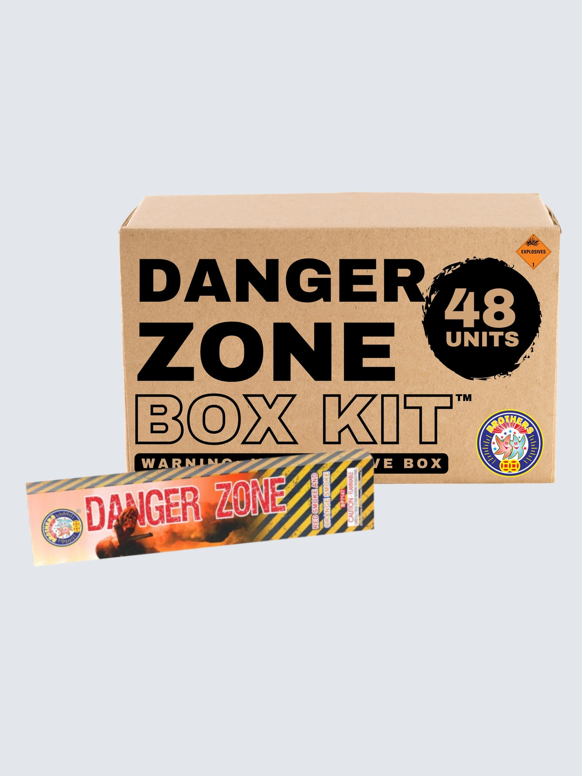 Danger Zone smoke box kit by Brothers Fireworks with 48 units and orange packaging featuring a soldier and black hazard stripes.