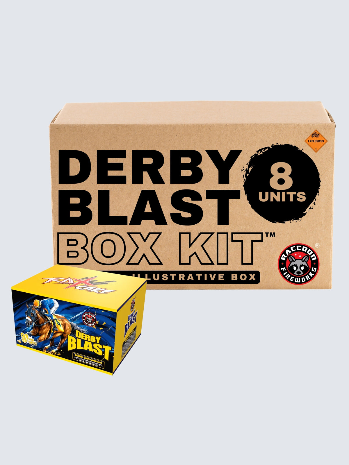 Derby Blast aerial repeater box kit by Raccoon Fireworks, featuring 8 units with horse racing artwork.
