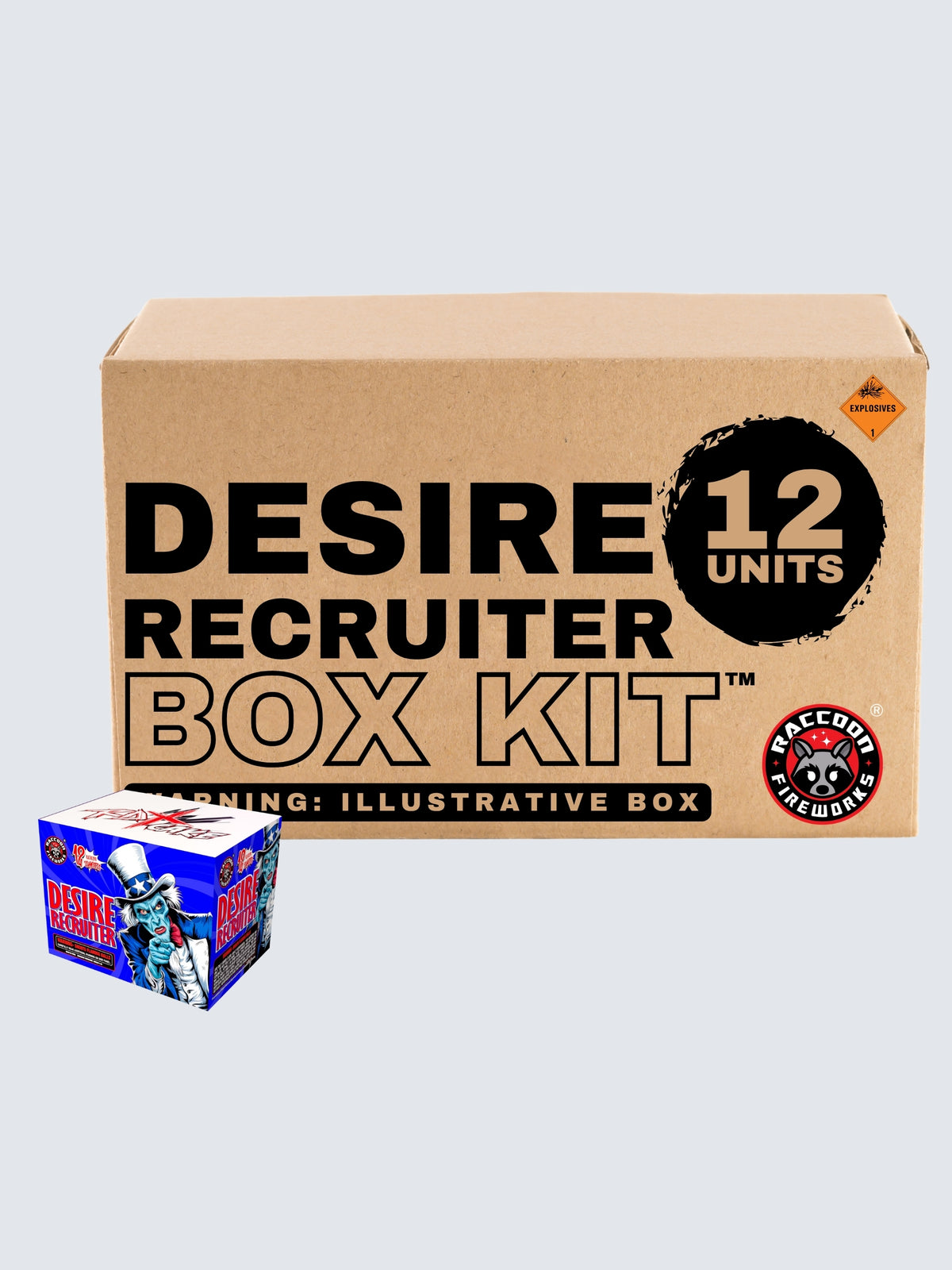Desire Recruiter aerial repeater box kit by Raccoon Fireworks, featuring 12 units with eerie skeletal recruiter artwork.