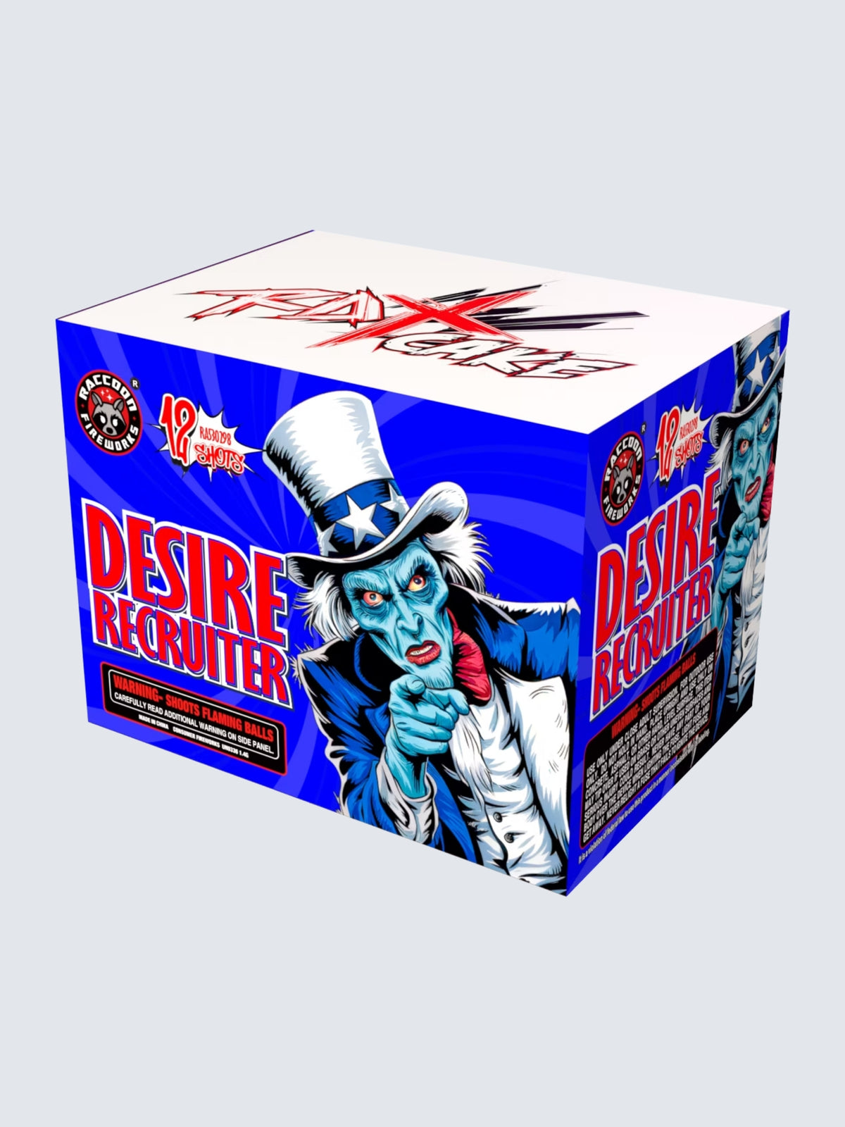 Desire Recruiter 12-shot aerial repeater firework by Raccoon Fireworks featuring patriotic Uncle Sam-inspired recruitment box art.