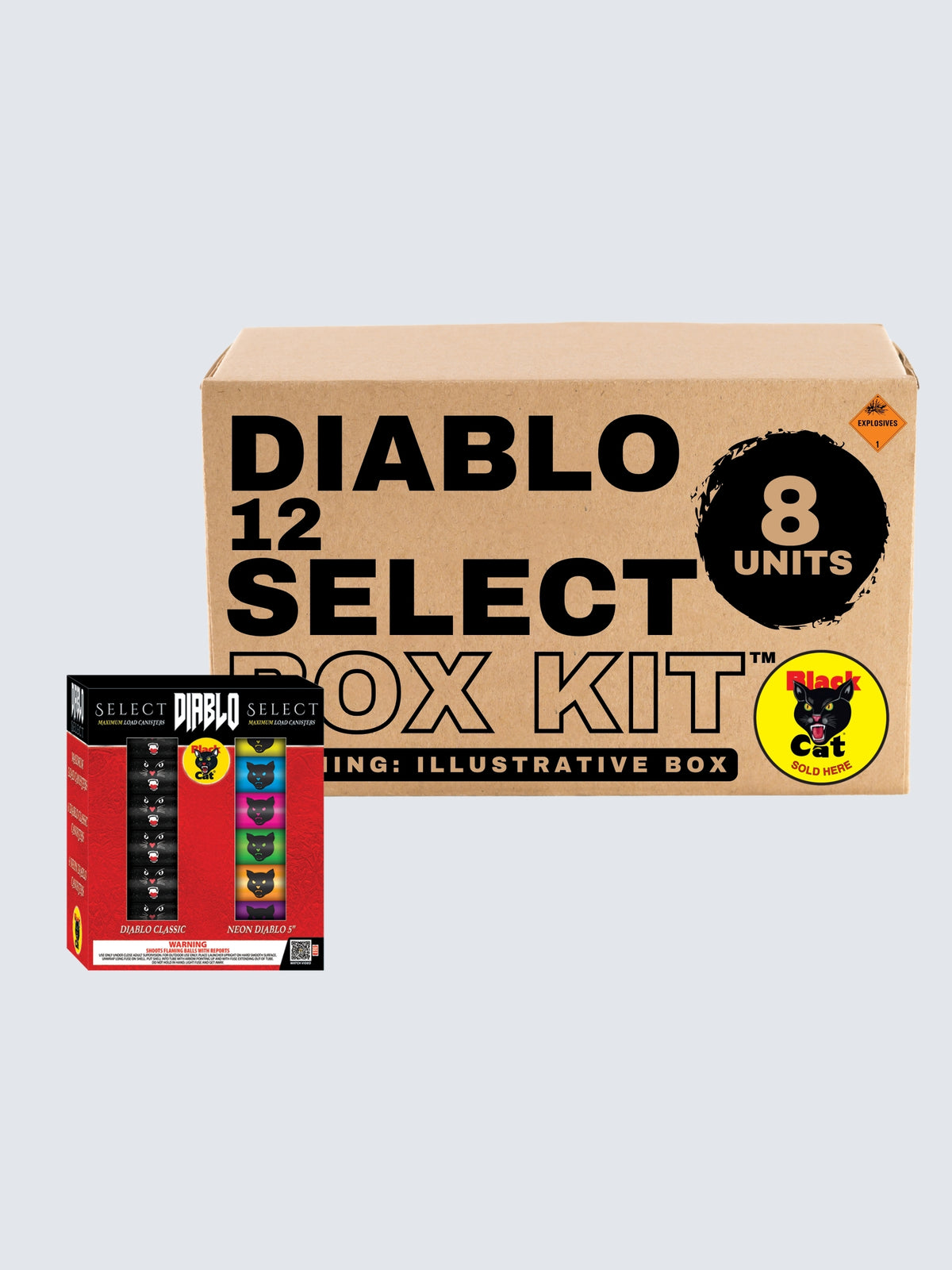 Diablo 12 Select Artillery Shell Box Kit by Black Cat Fireworks includes 8 units, featuring Diablo Classic and Neon Diablo shells.