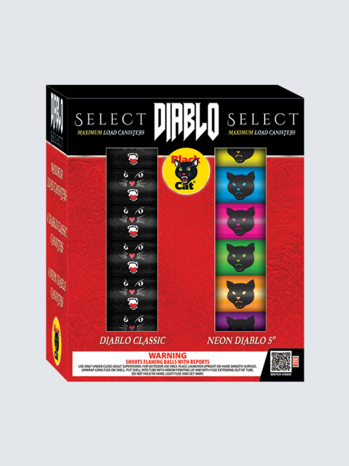 Diablo Select Maximum Load Canister Shell Kit by Black Cat Fireworks, featuring Diablo Classic and Neon Diablo 5-inch shells with colorful cat artwork.