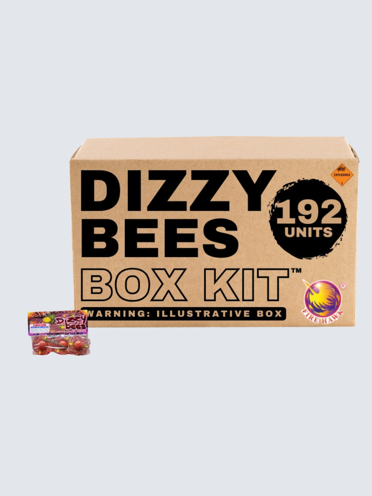 Dizzy Bees 192-unit novelty spinning fireworks box kit by Firehawk Fireworks featuring colorful bee-themed packaging