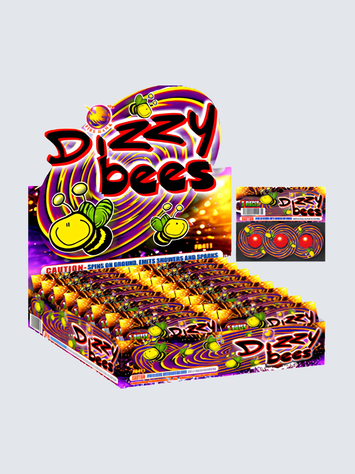 Dizzy Bees crackling ground spinner novelty fireworks sleeve kit with swirl patterns and cartoon bee artwork.