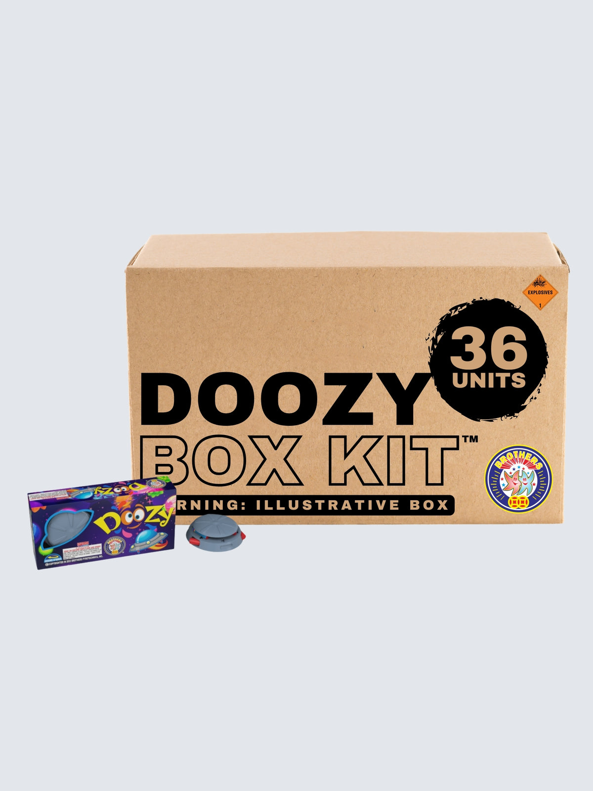 Brothers Fireworks Doozy spinning ground novelty box kit with 36 units and cartoon planets and UFO artwork.