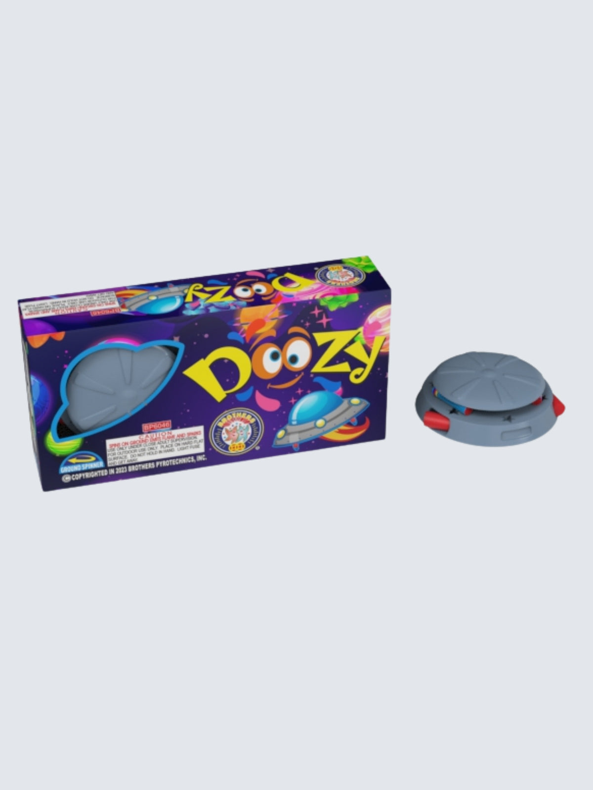 Doozy plastic spinning ground novelty firework with cartoon planets and a UFO on space-themed packaging.