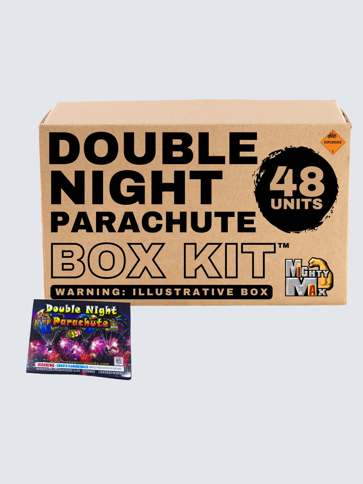 Double Night Parachute fireworks box kit by Mighty Max, featuring 48 units with colorful nighttime parachutes and fireworks bursts.