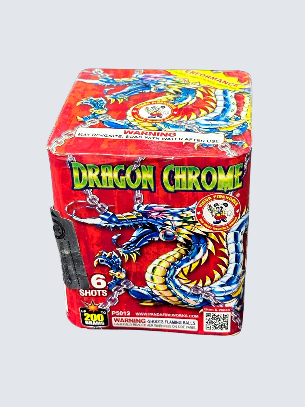 Dragon Chrome 6-shot standard fireworks cake with box art showing a metallic blue dragon against a red background.