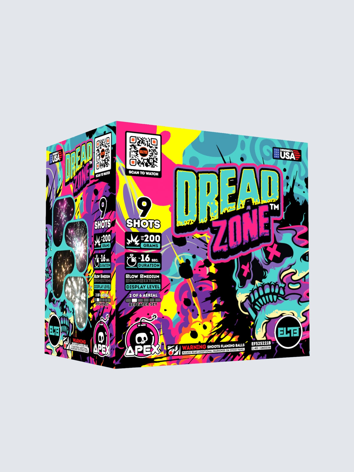 Dread Zone 9-shot 200G aerial repeater fireworks cake with vibrant neon skull artwork and colorful explosive graphics