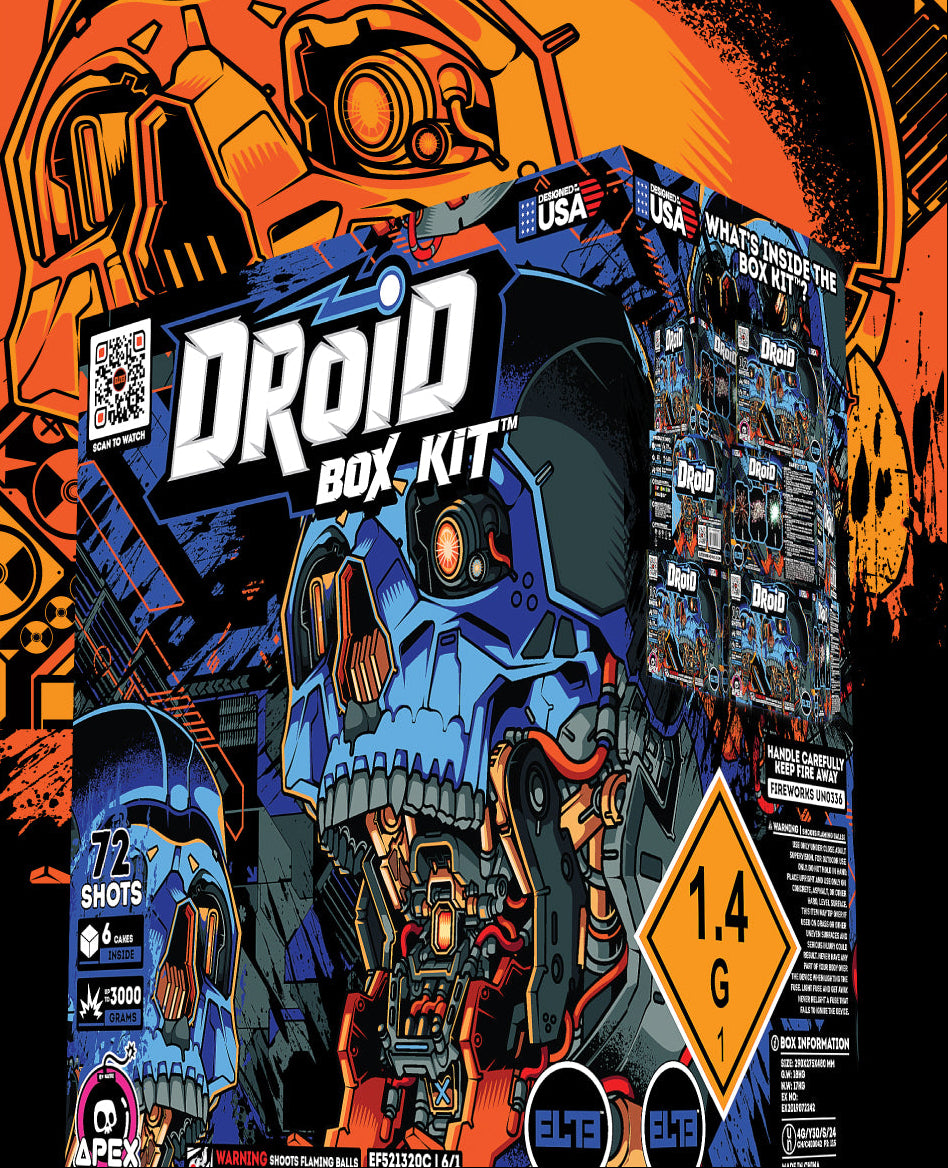 Droid Box Kit promotional image featuring a blue robotic skull design, set against a bold orange-and-black futuristic mechanical background.