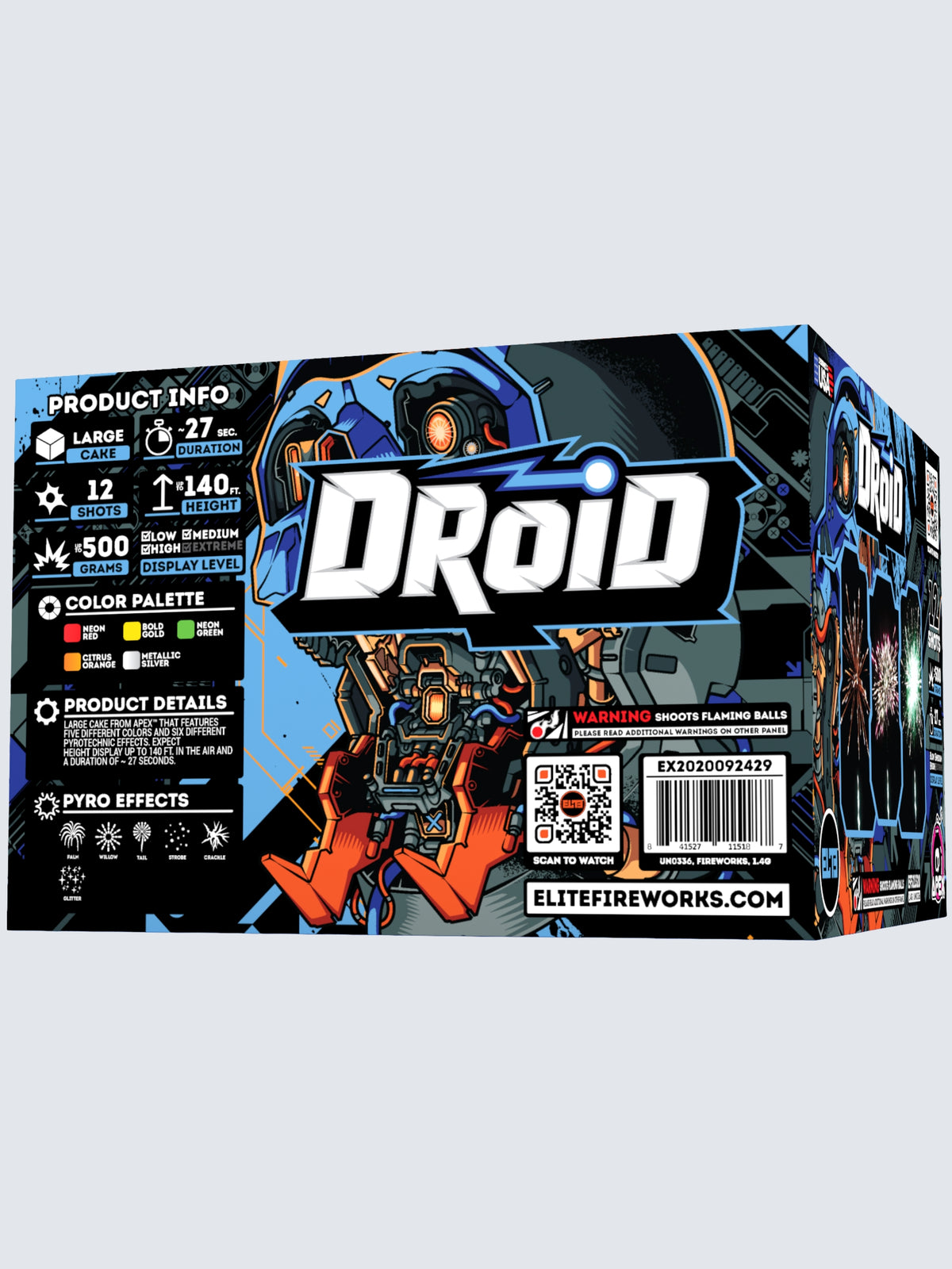 Unit of Droid large cake fireworks, includes 12 shots. Packaging shows a futuristic robot skull.