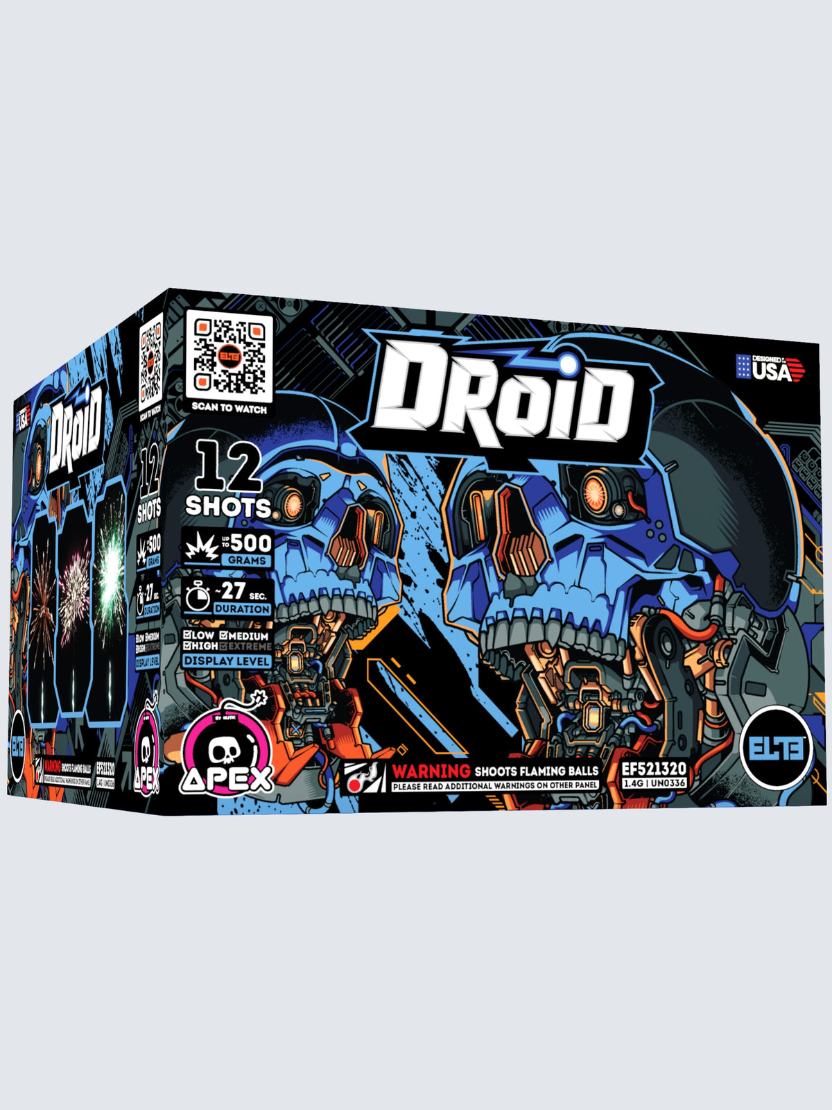 Unit of Droid large cake fireworks, includes 12 shots. Packaging shows a futuristic robot skull.