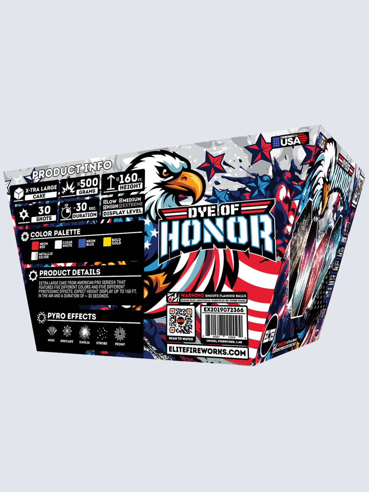 Unit of Dye of Honor large cake fireworks. Packaging shows patriotic flags and an eagle.