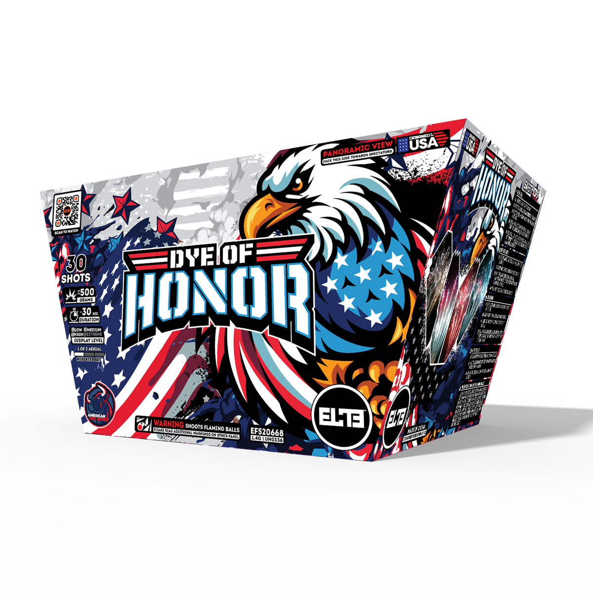 Unit of Dye of Honor large cake fireworks. Packaging shows patriotic flags and an eagle.
