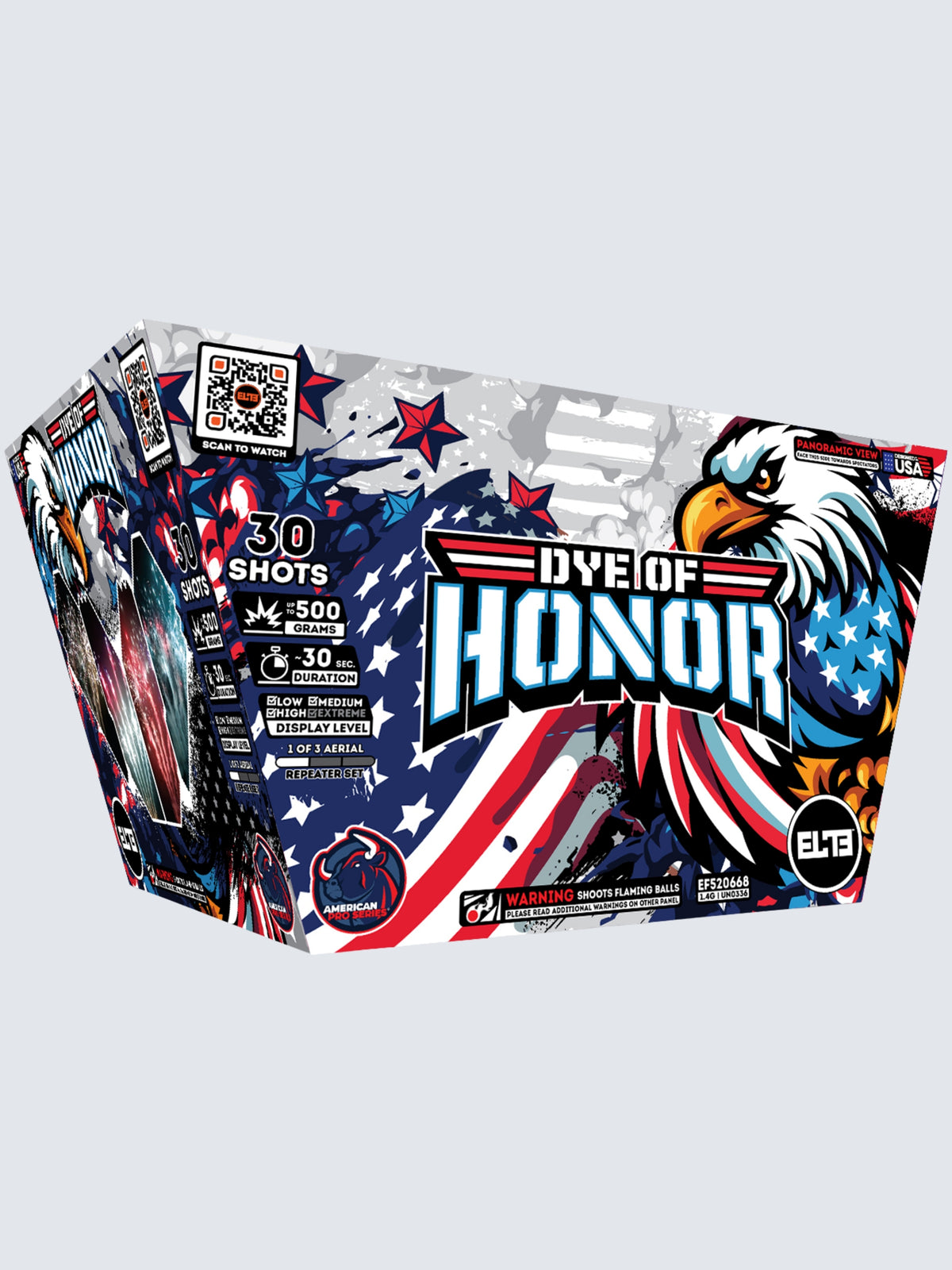 Unit of Dye of Honor large cake fireworks. Packaging shows patriotic flags and an eagle.