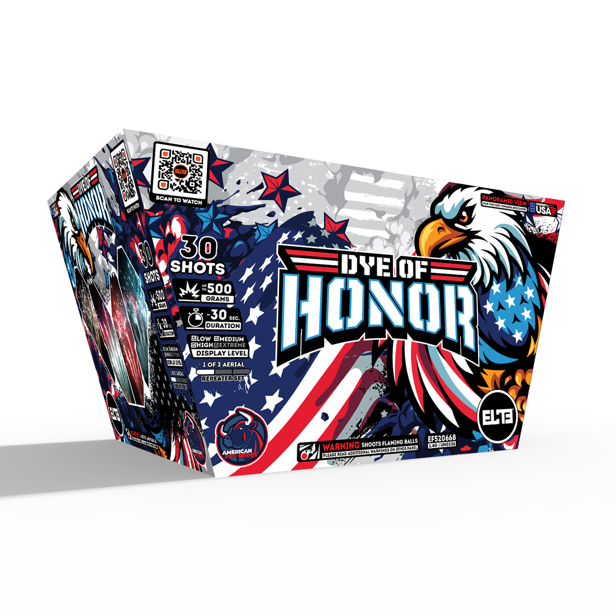Unit of Dye of Honor large cake fireworks. Packaging shows patriotic flags and an eagle.