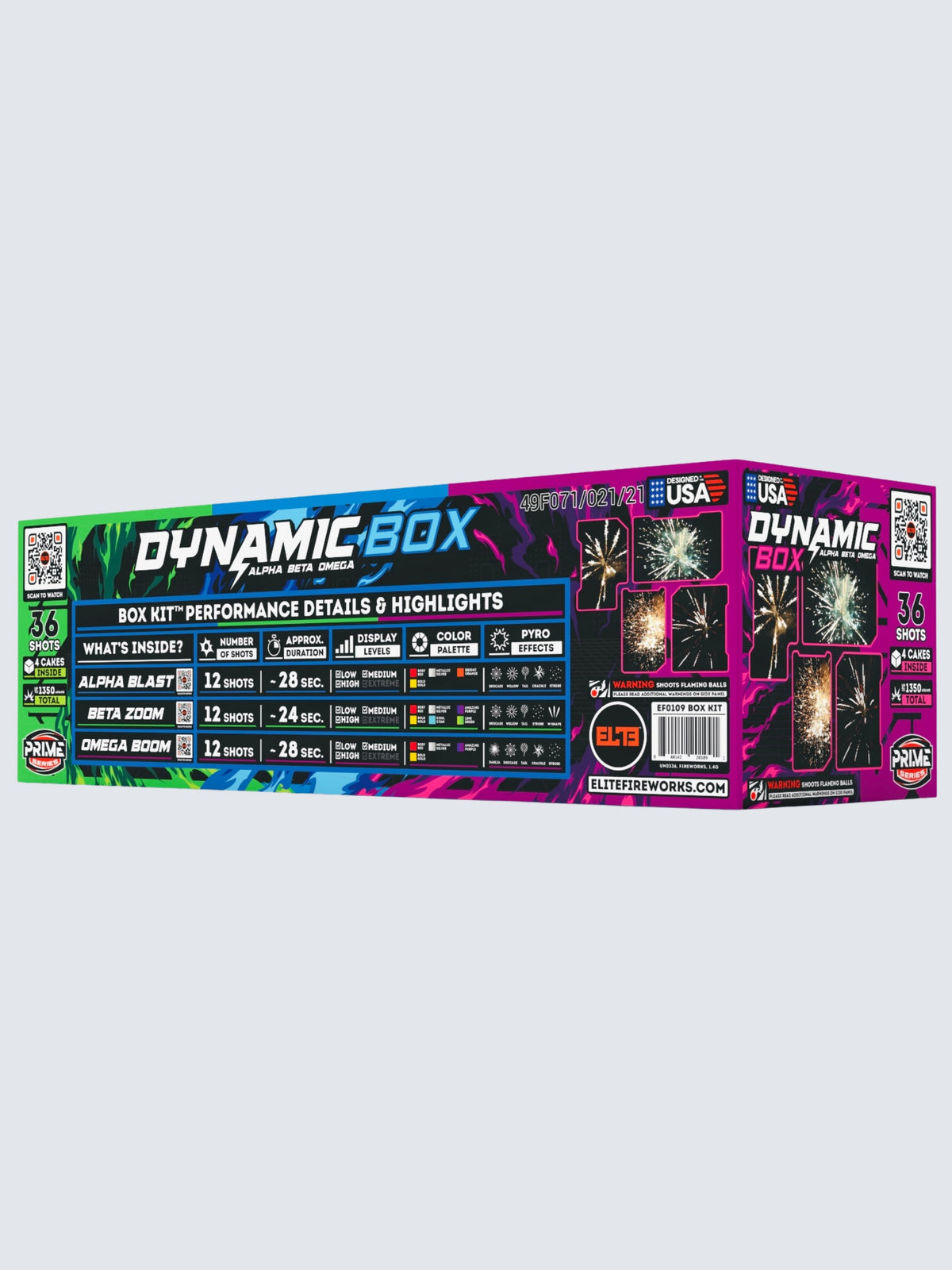 Dynamic Box Box Kit packaging with purple, blue, and green colors. Including 3 large firework cakes and a total of 36 shots. 