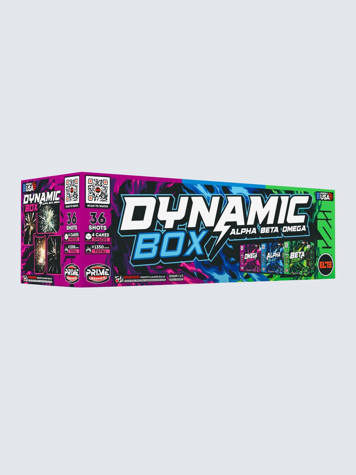 Dynamic Box Box Kit packaging with purple, blue, and green colors. Including 3 large firework cakes and a total of 36 shots. 