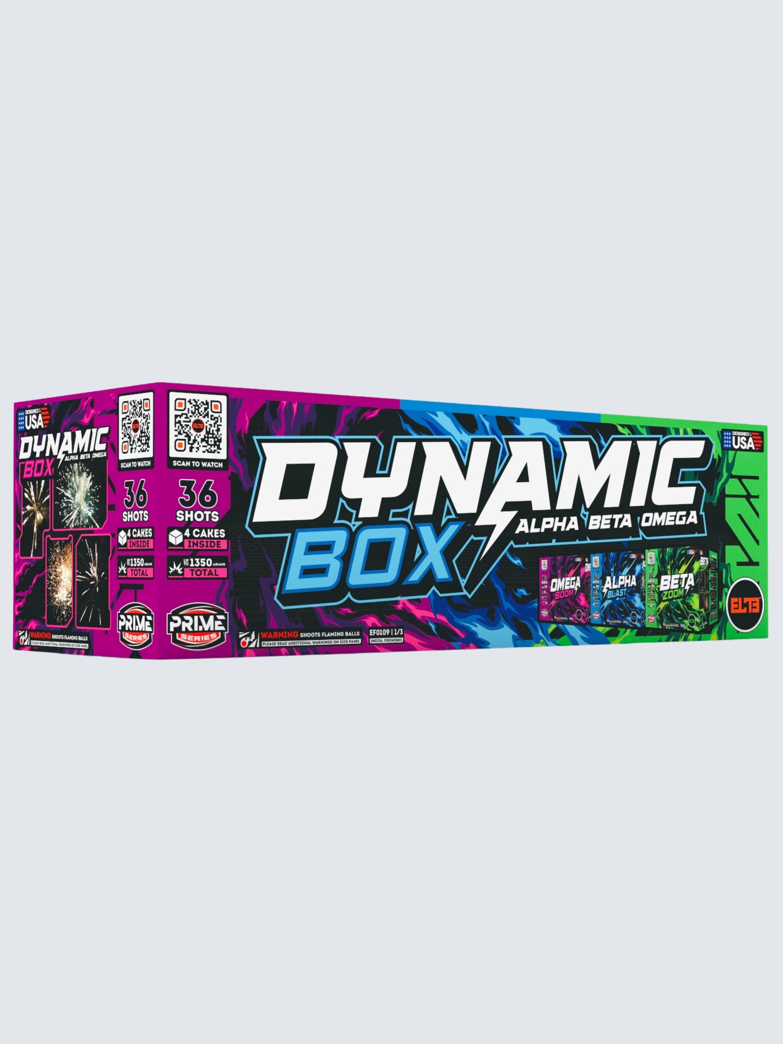 Dynamic Box Box Kit packaging with purple, blue, and green colors. Including 3 large firework cakes and a total of 36 shots. 