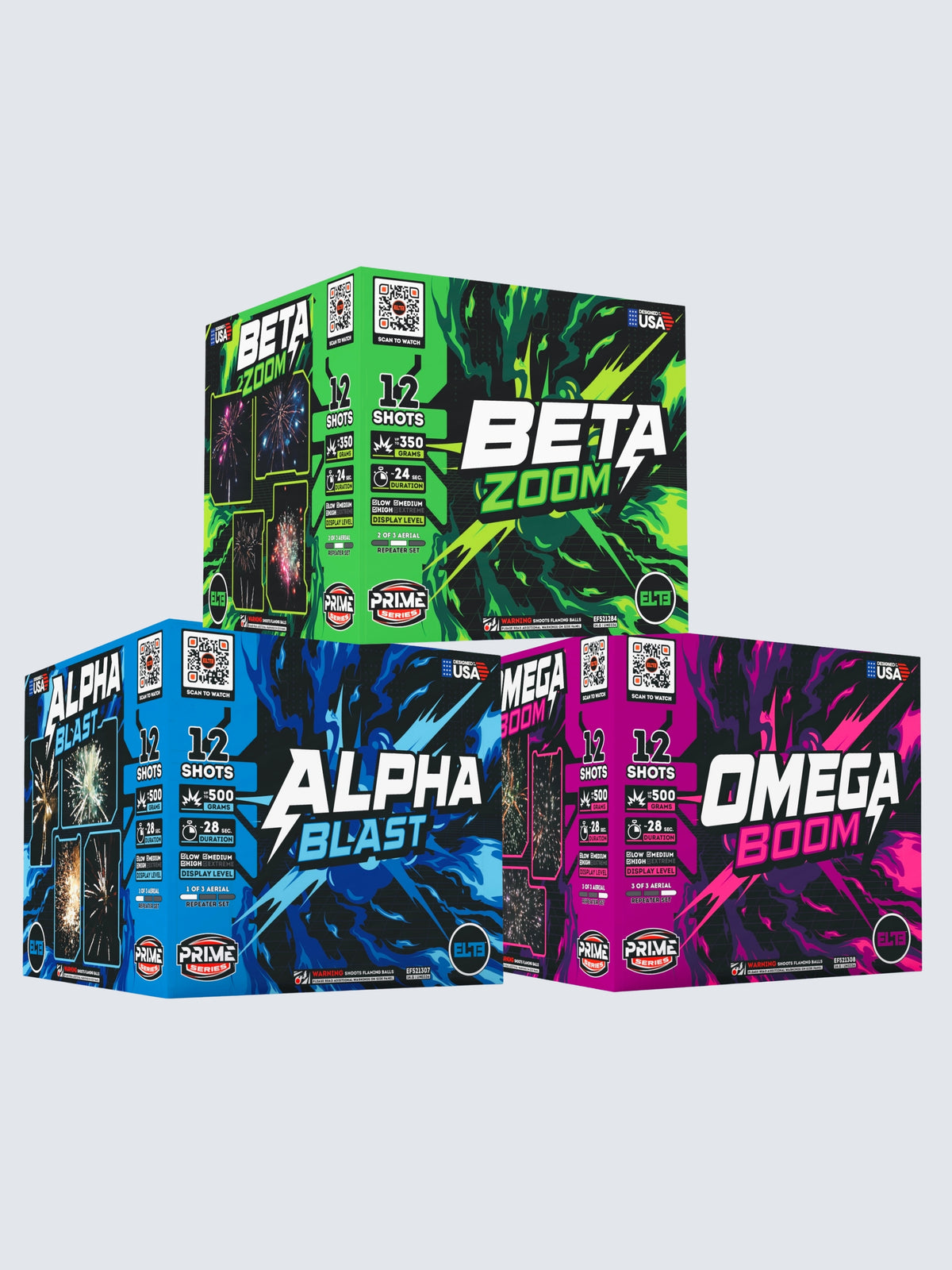 Variant units included in the Dynamic box kit, including Beta Zoom, Alpha Blast, and Omega Boom.