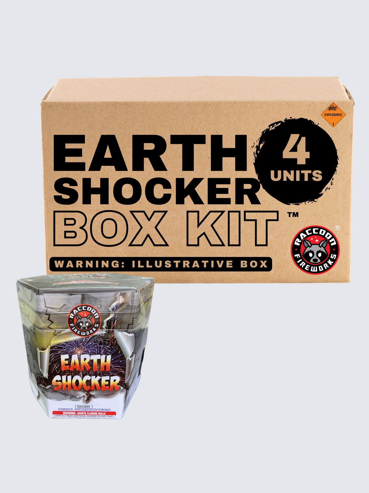 Earth Shocker fireworks box kit by Raccoon Fireworks includes 4 units with cracked silver packaging and colorful fireworks.