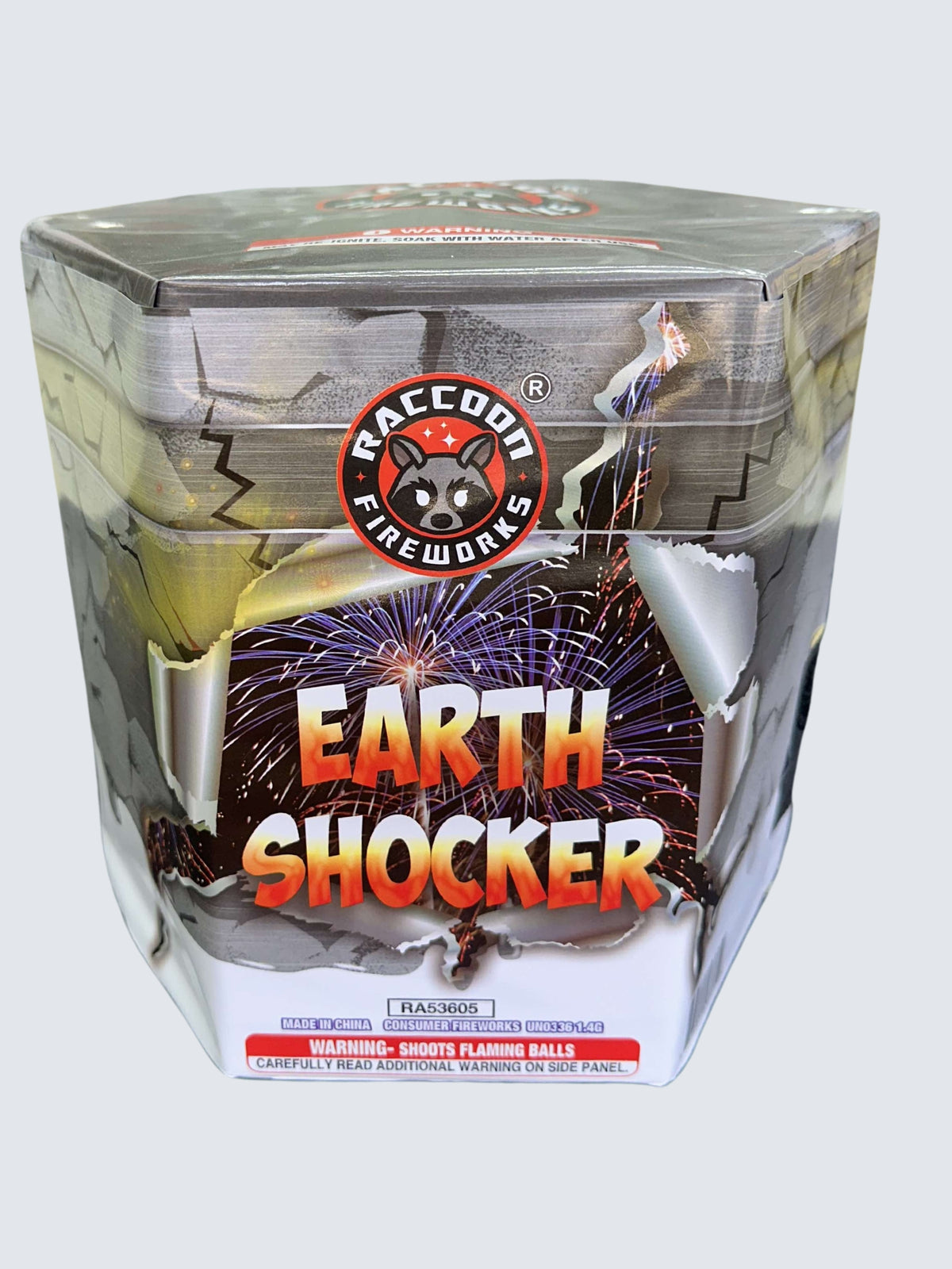 Earth Shocker fireworks by Raccoon Fireworks features cracked metallic silver packaging revealing colorful fireworks bursts.