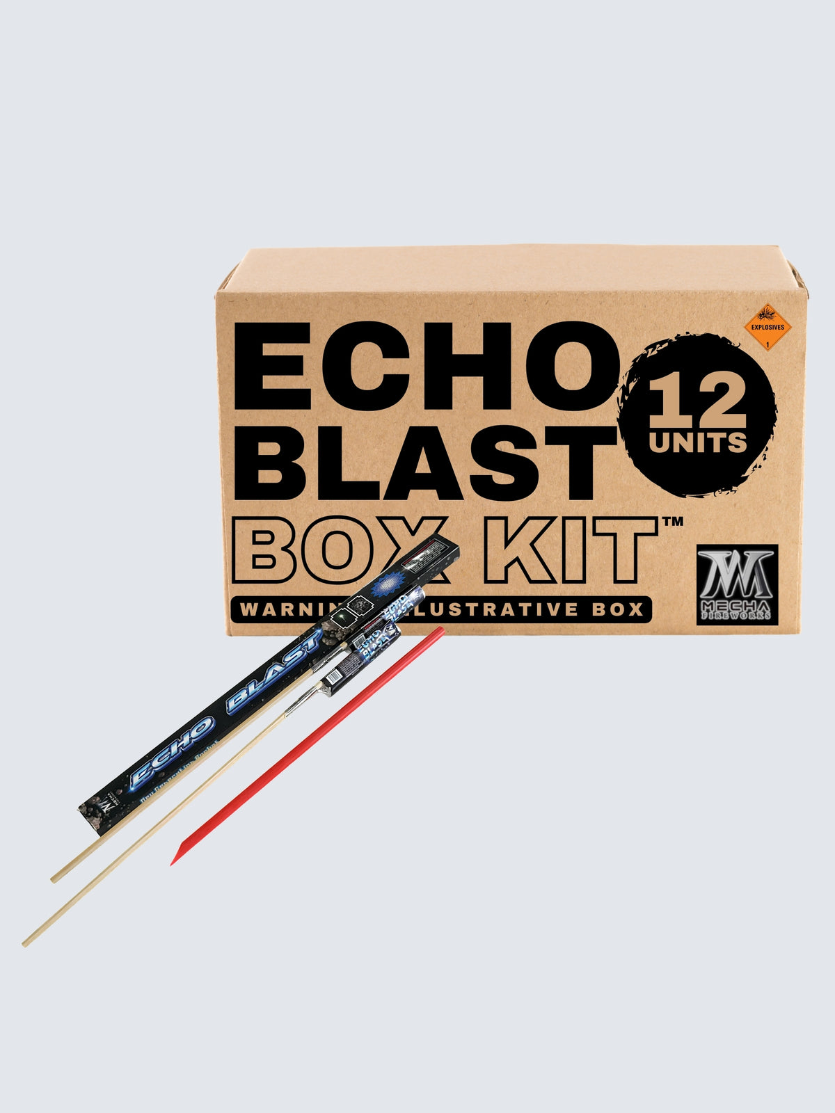 Echo Blast fireworks rocket box kit by Mecha Fireworks, featuring 12 units with black and blue rocket packaging.