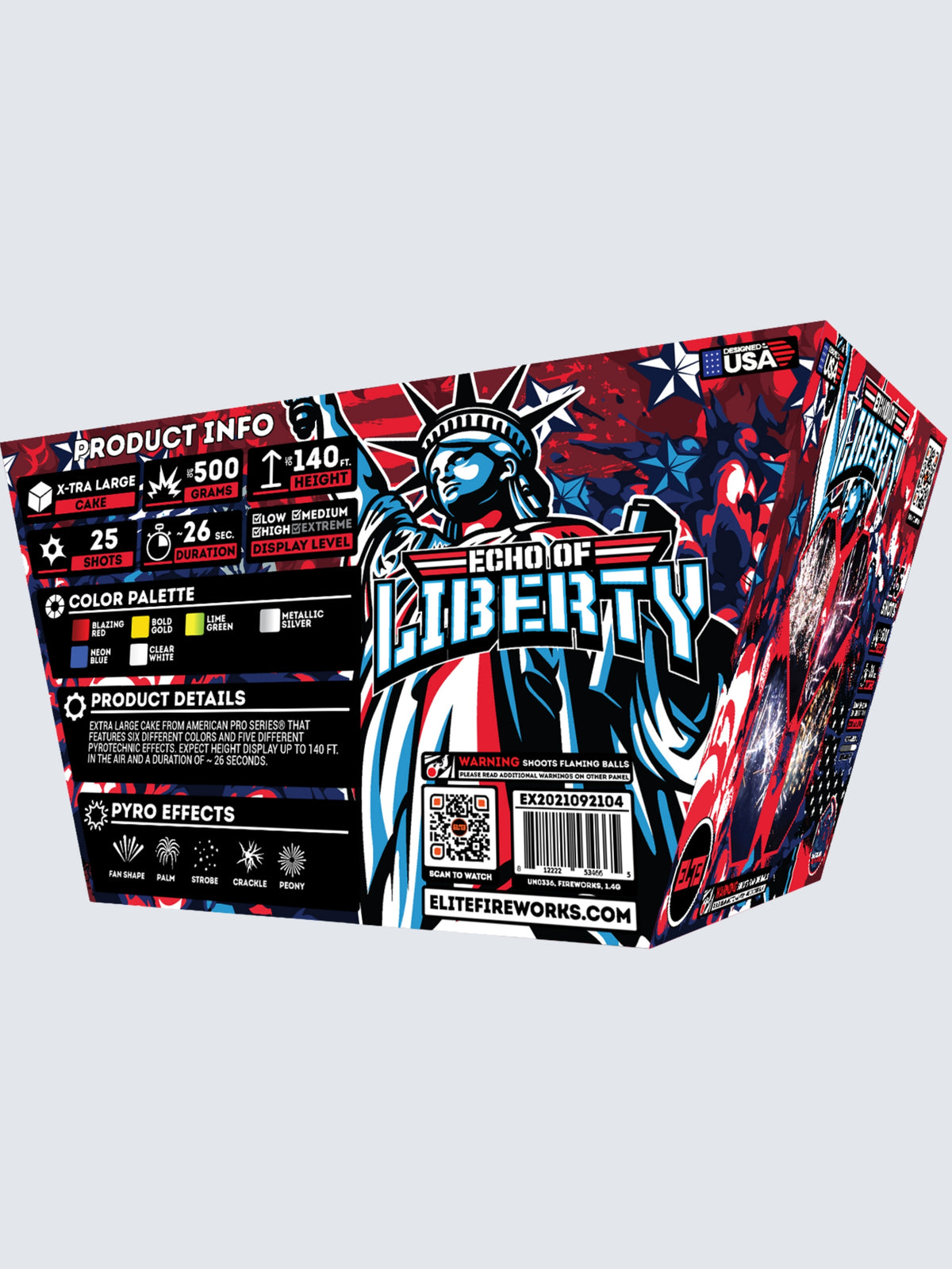 Unit of Echo of Liberty large cake fireworks. Packaging shows the statue of liberty with patriotic colors.