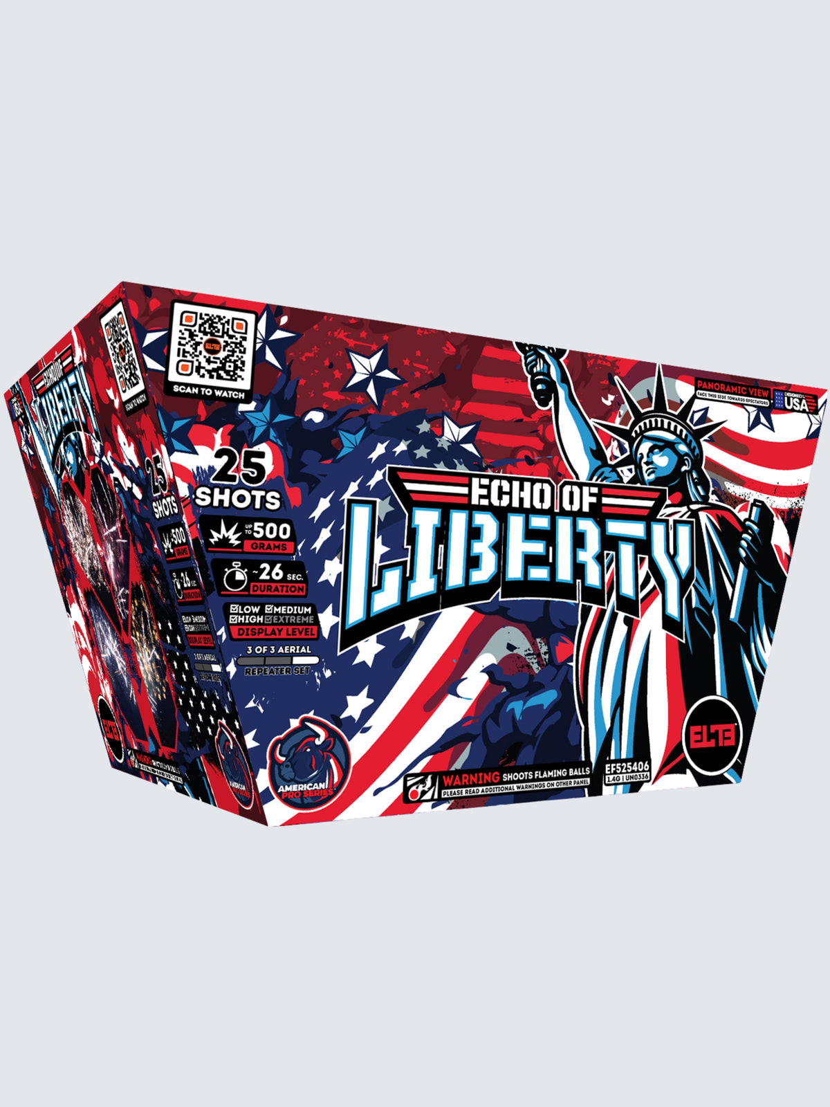 Unit of Echo of Liberty large cake fireworks. Packaging shows the statue of liberty with patriotic colors.