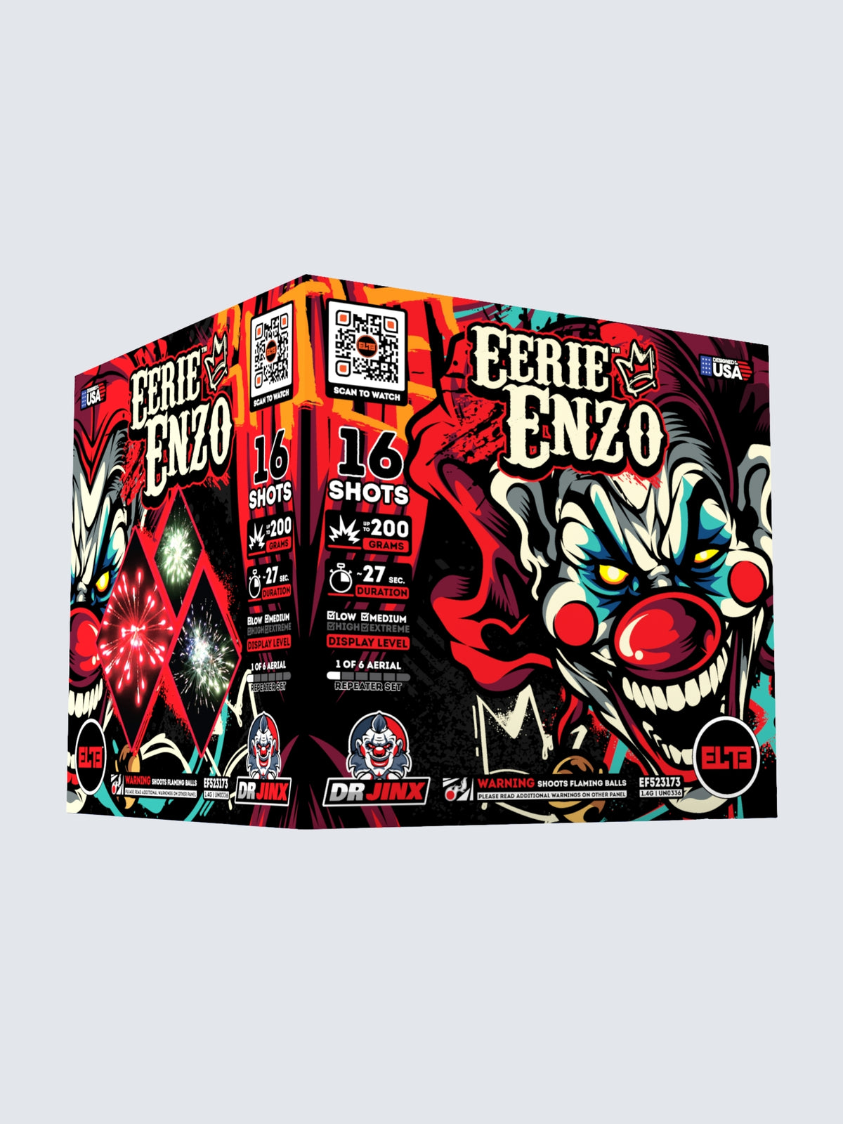 Front panel of the Doctor Jinx Eerie Enzo 16-shot aerial cake firework, featuring red clown artwork.