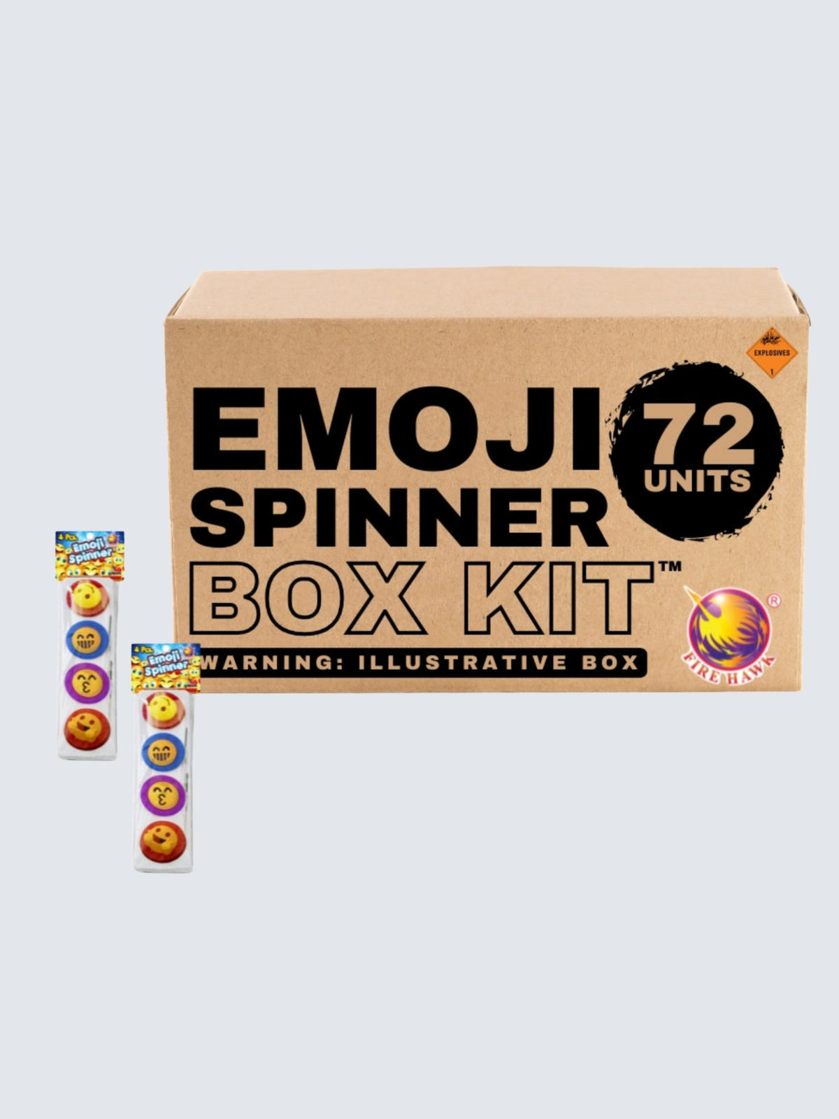 Emoji Spinner 72-unit novelty ground spinner fireworks box kit by Firehawk Fireworks featuring colorful emoji designs