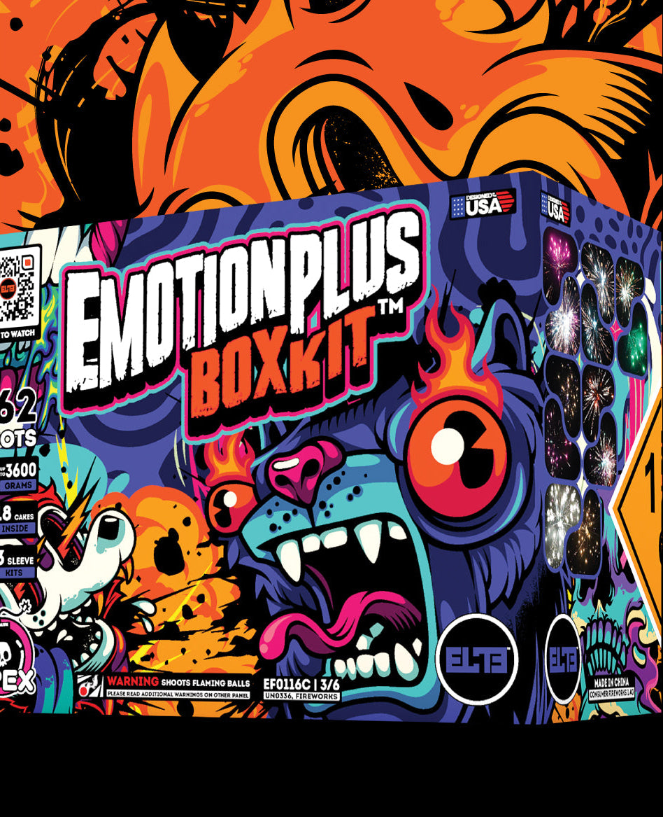 Emotion Plus Box Kit promotional image featuring wild neon cartoon creatures in blue, pink, orange, and purple, set against a bold orange-and-black illustrated background.